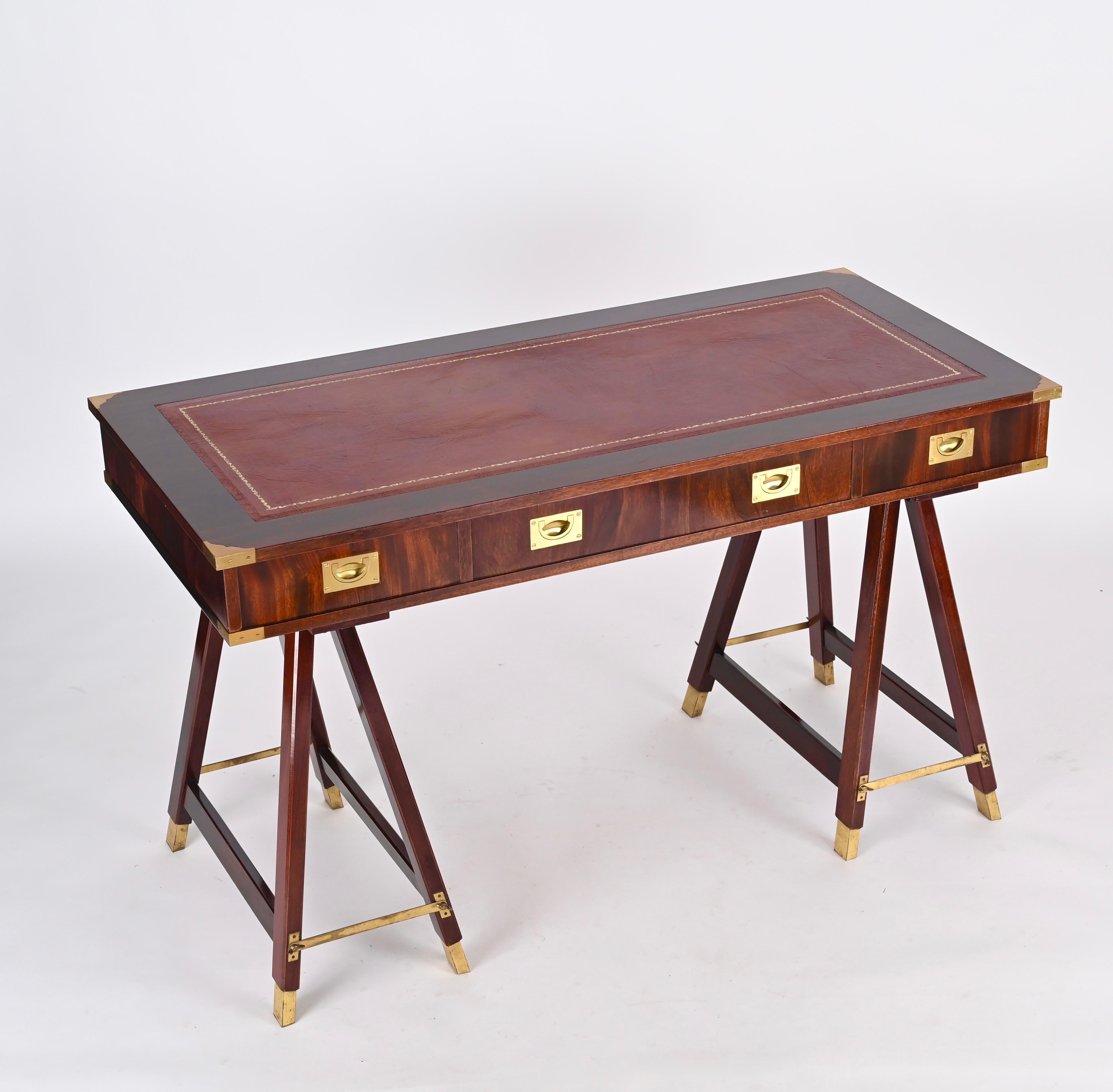 Italian Military Campaign Style Wood and Brass Desk with Leather Top, 1960s 8