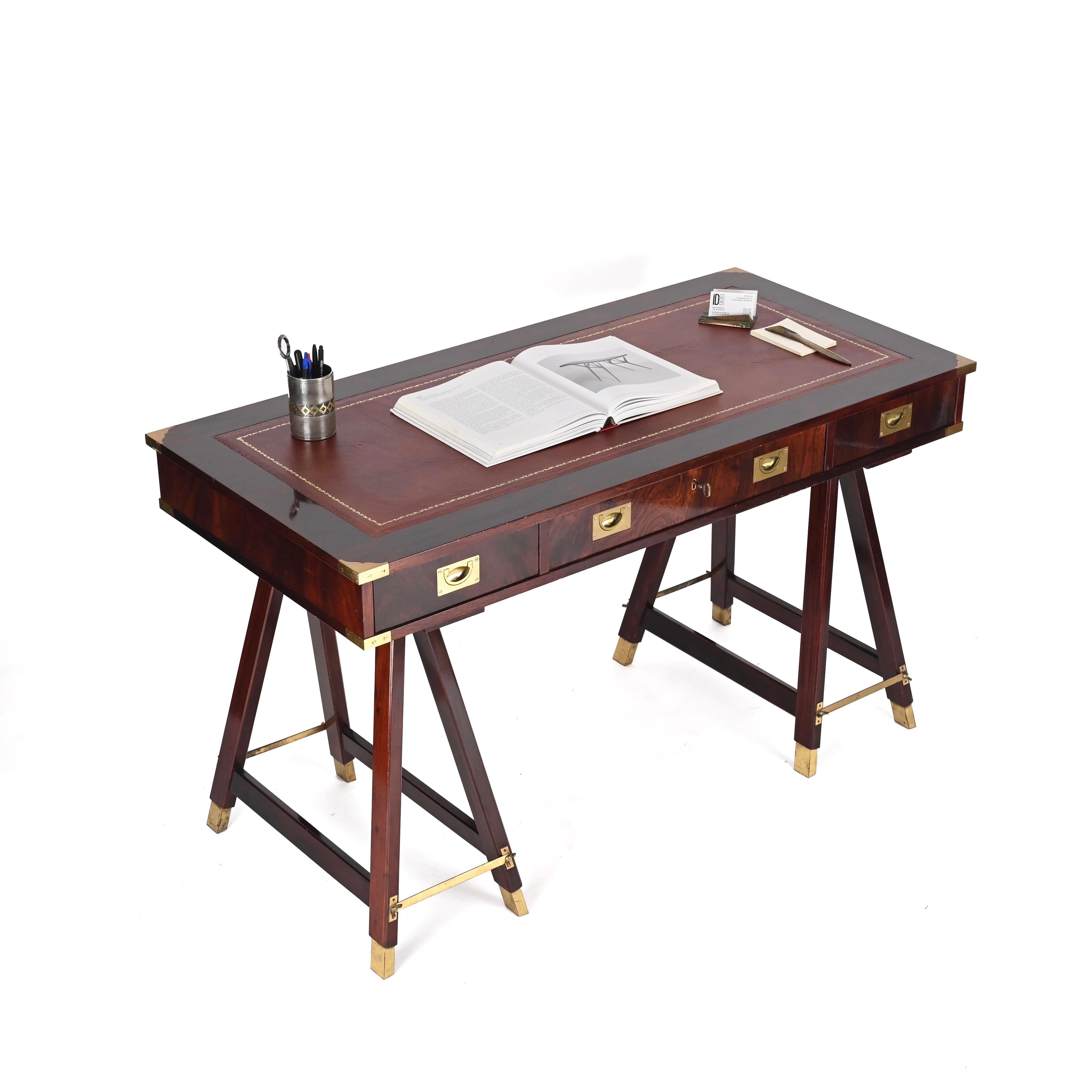 Italian Military Campaign Style Wood and Brass Desk with Leather Top, 1960s 9