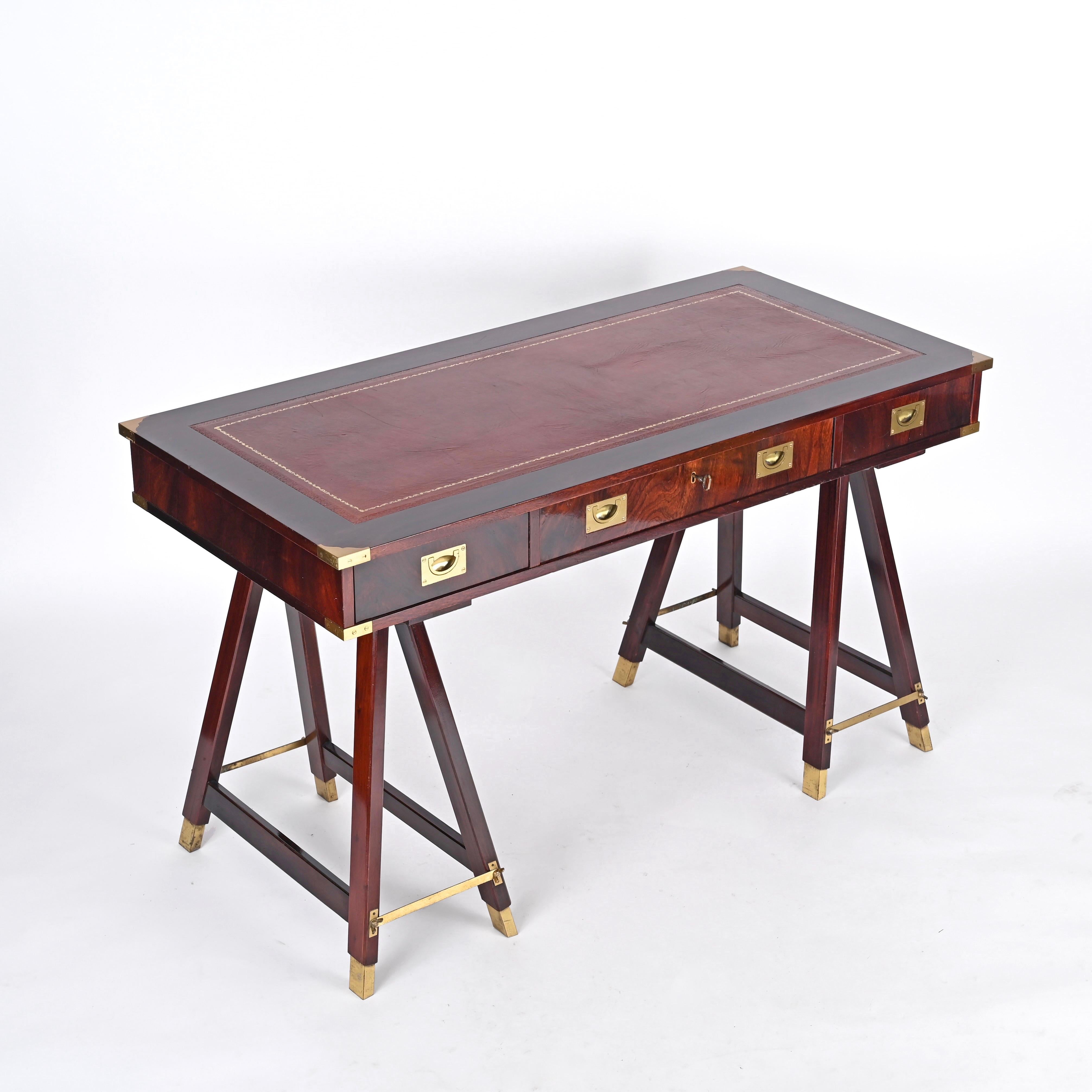 Italian Military Campaign Style Wood and Brass Desk with Leather Top, 1960s 10
