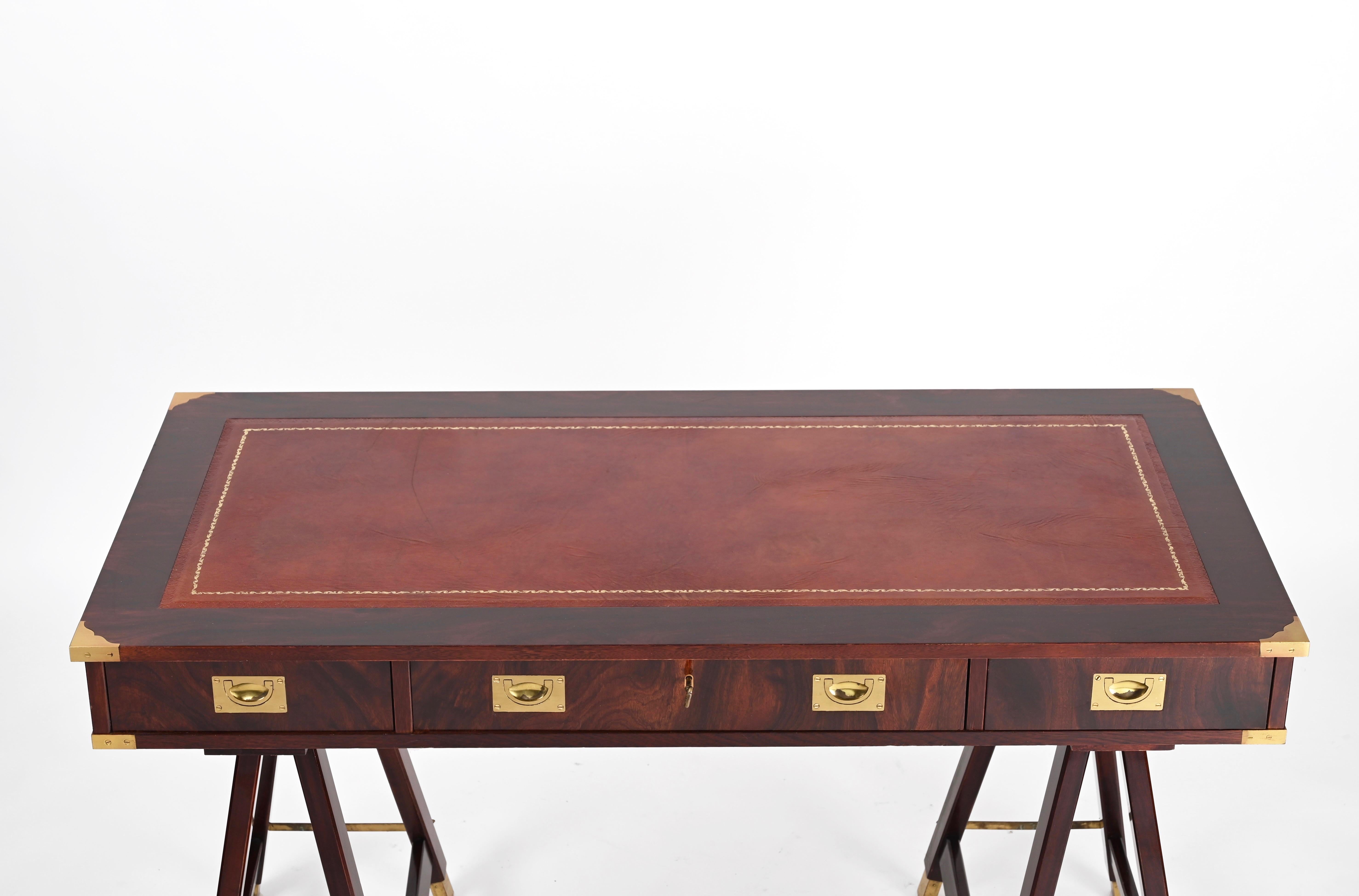 Italian Military Campaign Style Wood and Brass Desk with Leather Top, 1960s 12