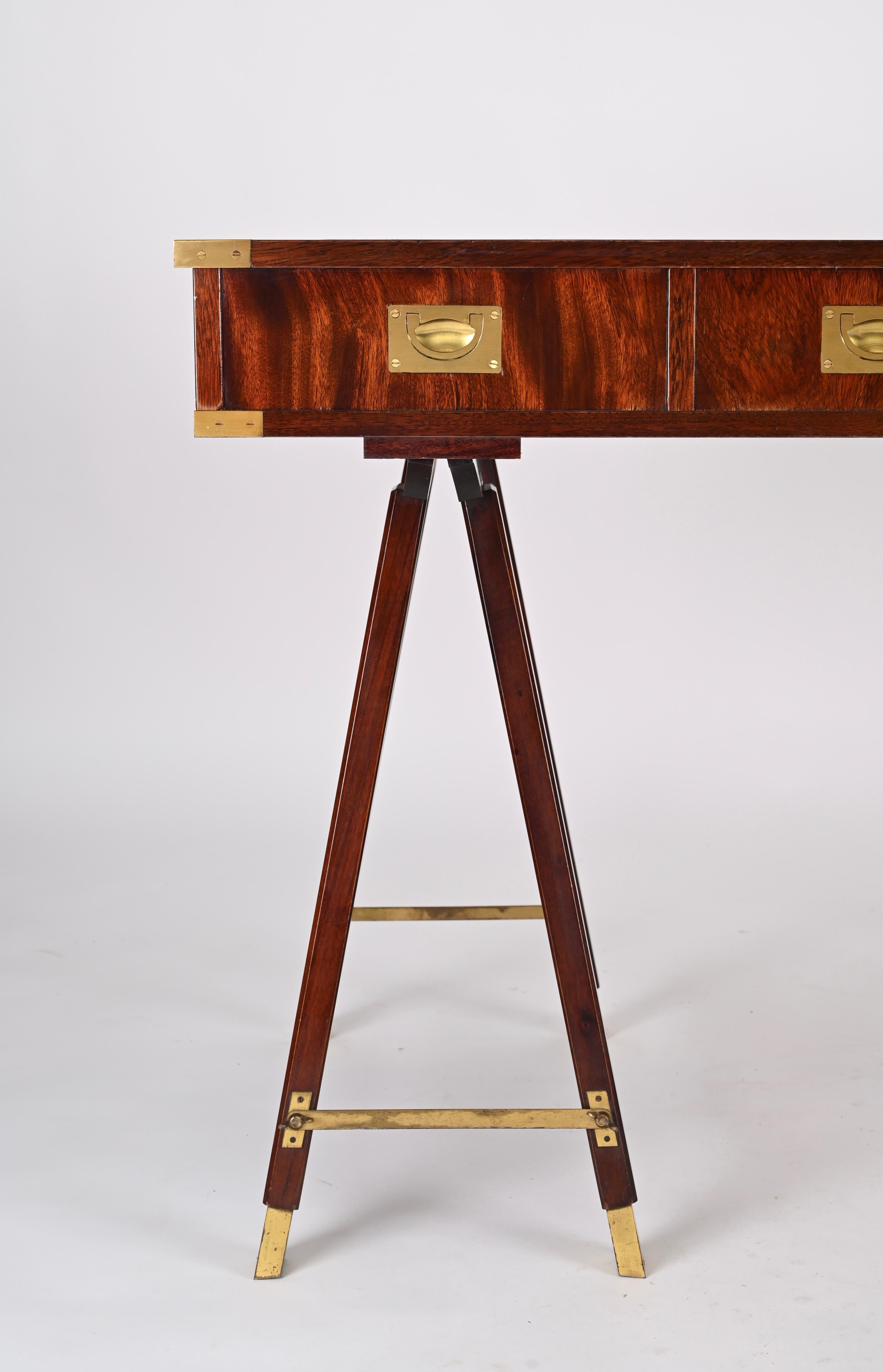 Italian Military Campaign Style Wood and Brass Desk with Leather Top, 1960s 13