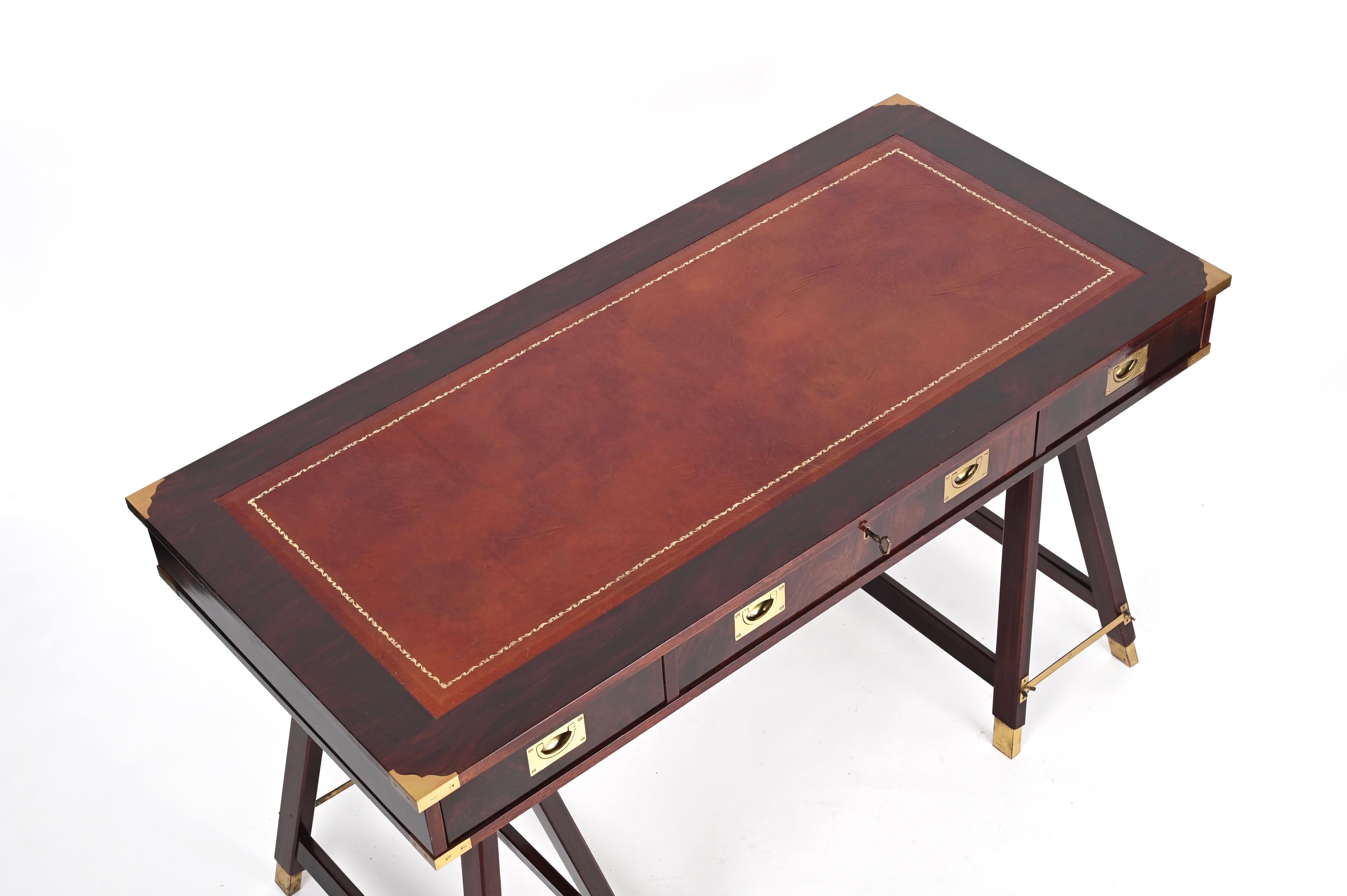 Hand-Crafted Italian Military Campaign Style Wood and Brass Desk with Leather Top, 1960s