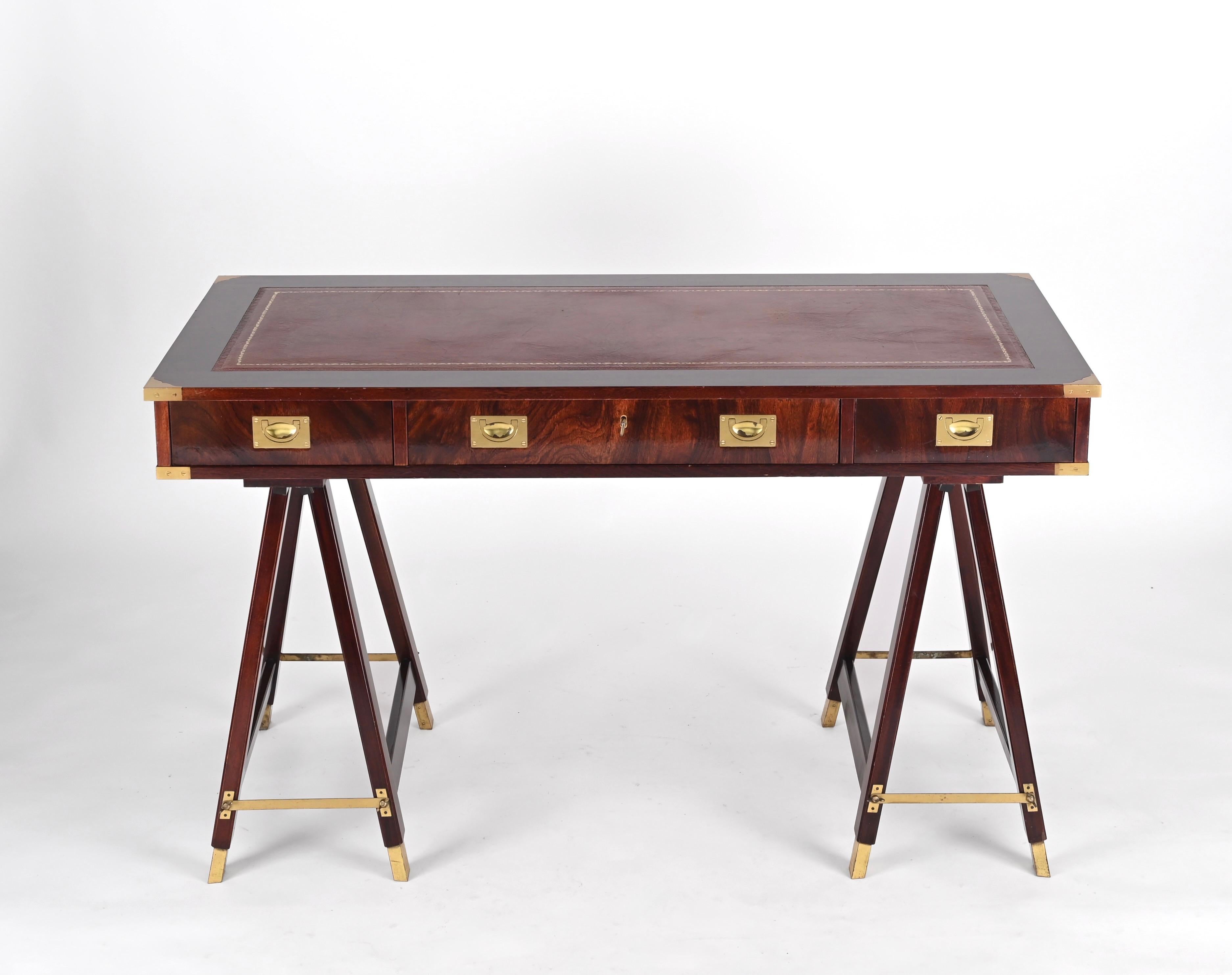 20th Century Italian Military Campaign Style Wood and Brass Desk with Leather Top, 1960s