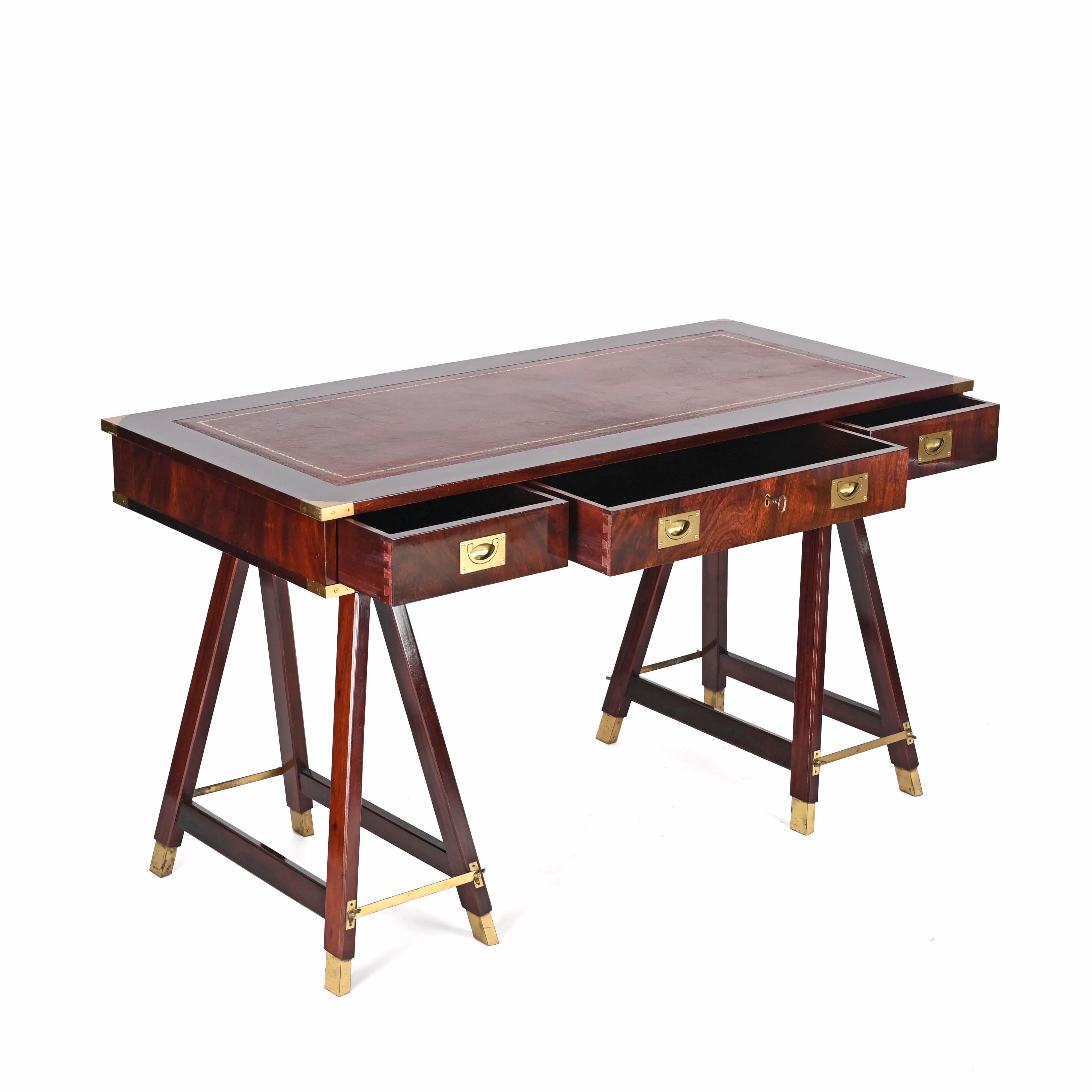 Metal Italian Military Campaign Style Wood and Brass Desk with Leather Top, 1960s