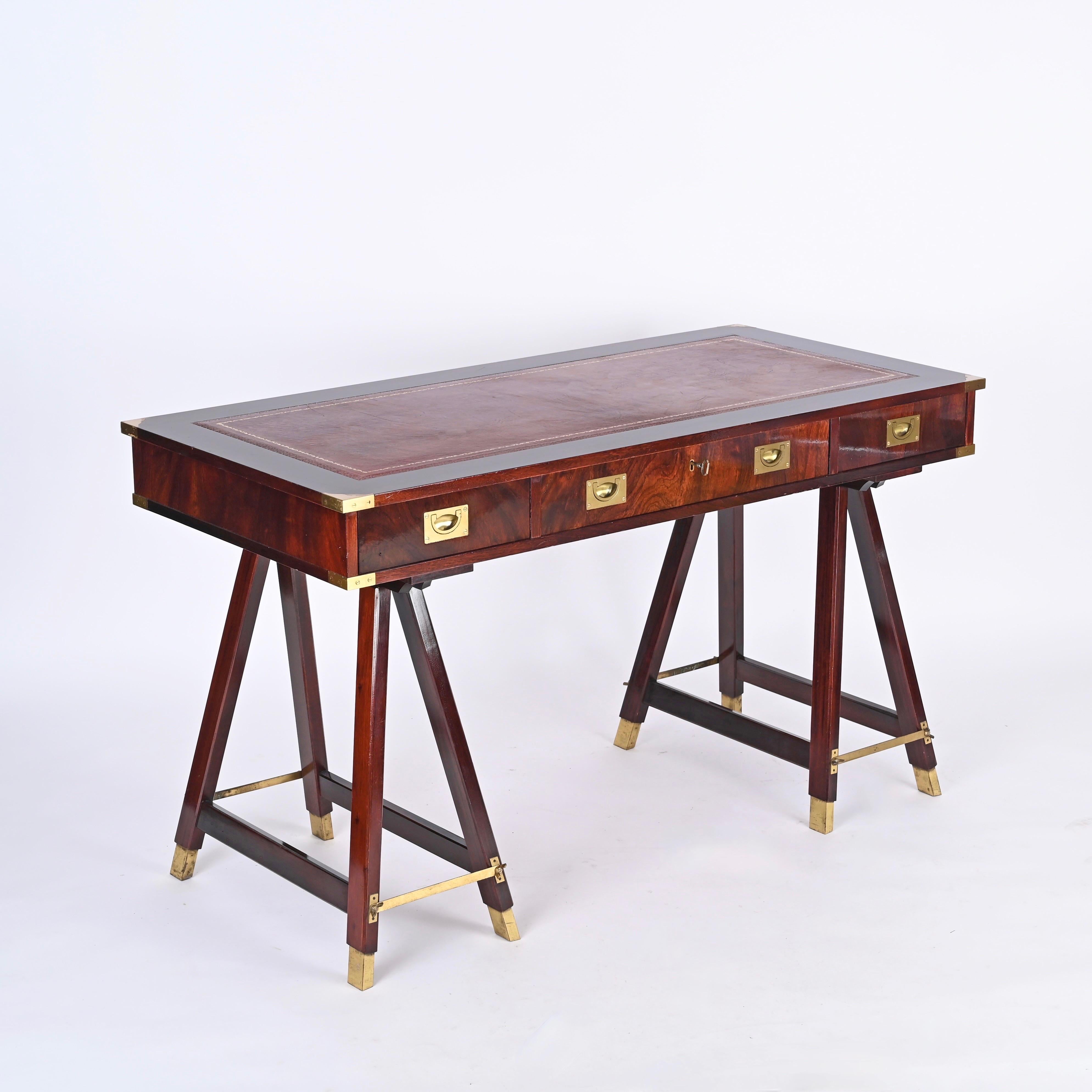 Italian Military Campaign Style Wood and Brass Desk with Leather Top, 1960s 1