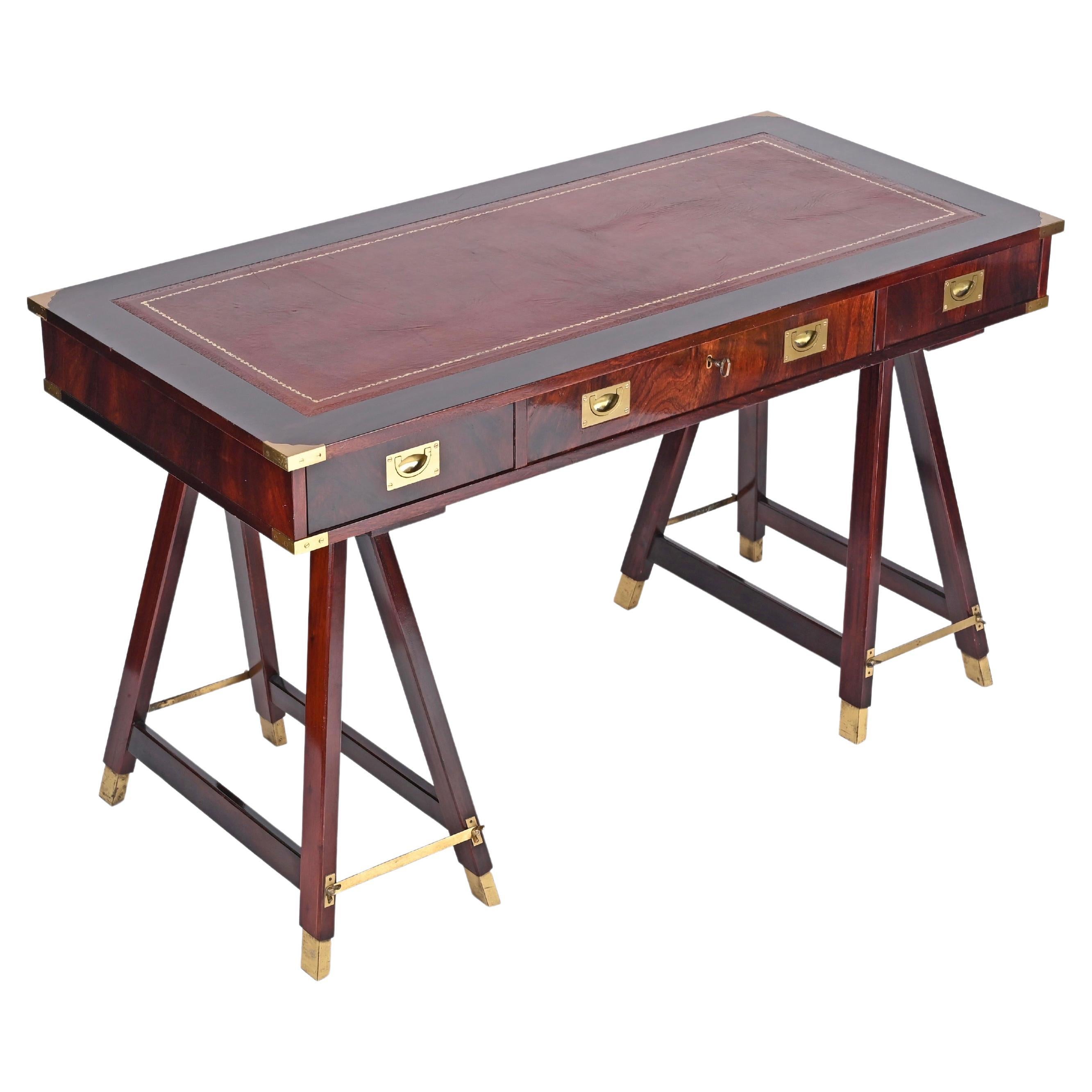 Italian Military Campaign Style Wood and Brass Desk with Leather Top, 1960s