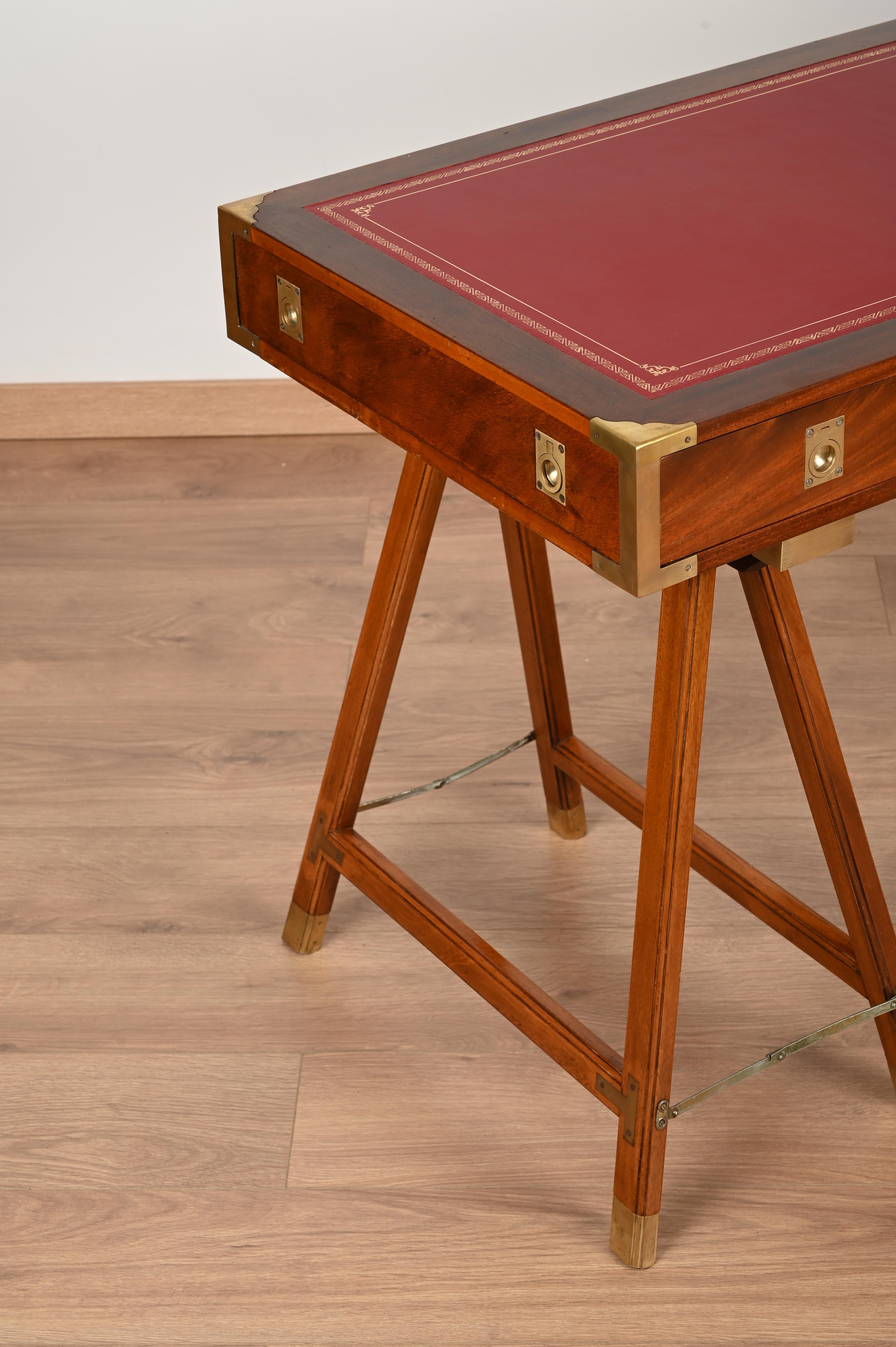 Italian Military Campaign Style Wood and Brass Desk with Red Leather Top, 1960s For Sale 4