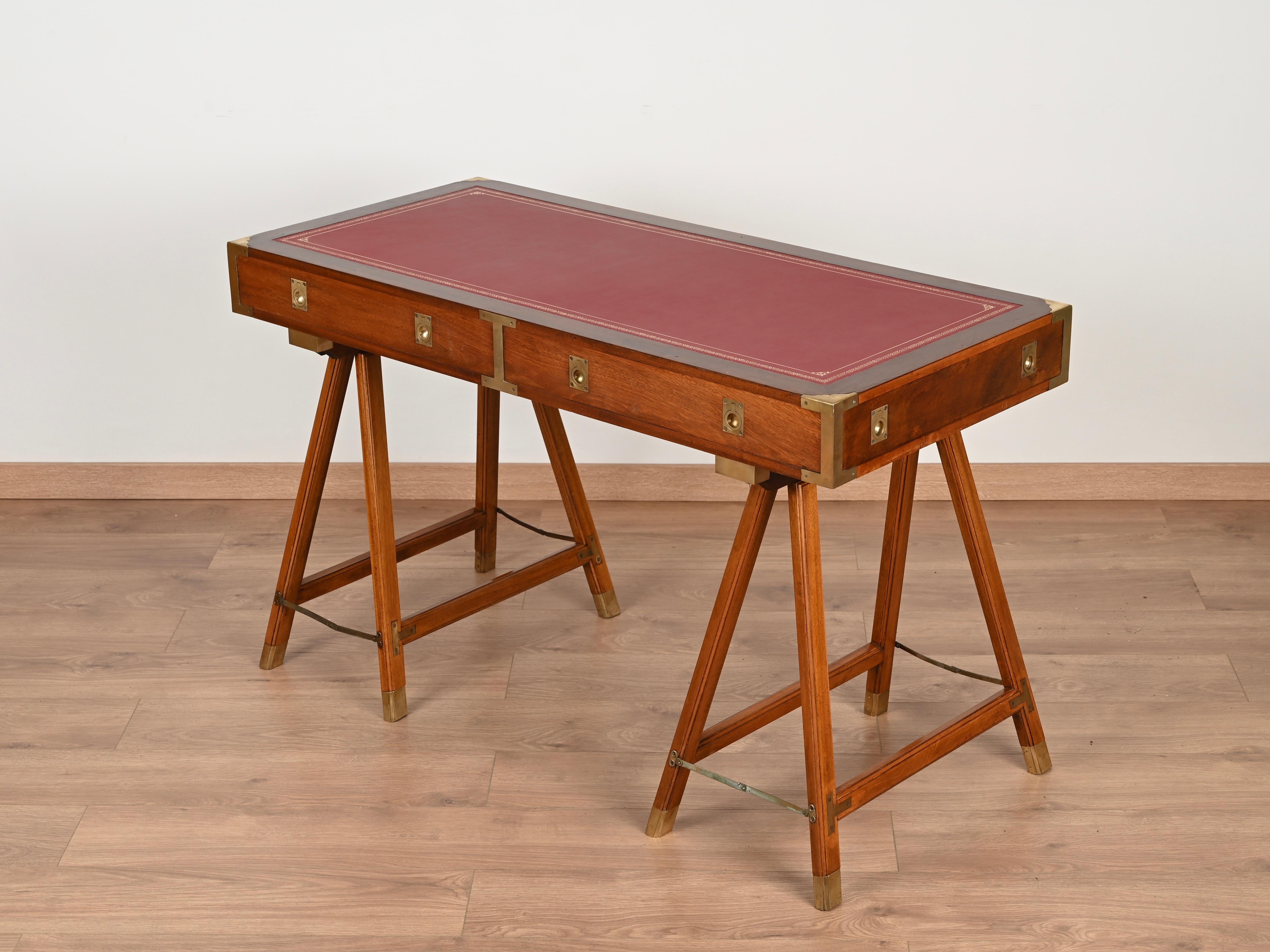 Italian Military Campaign Style Wood and Brass Desk with Red Leather Top, 1960s For Sale 5