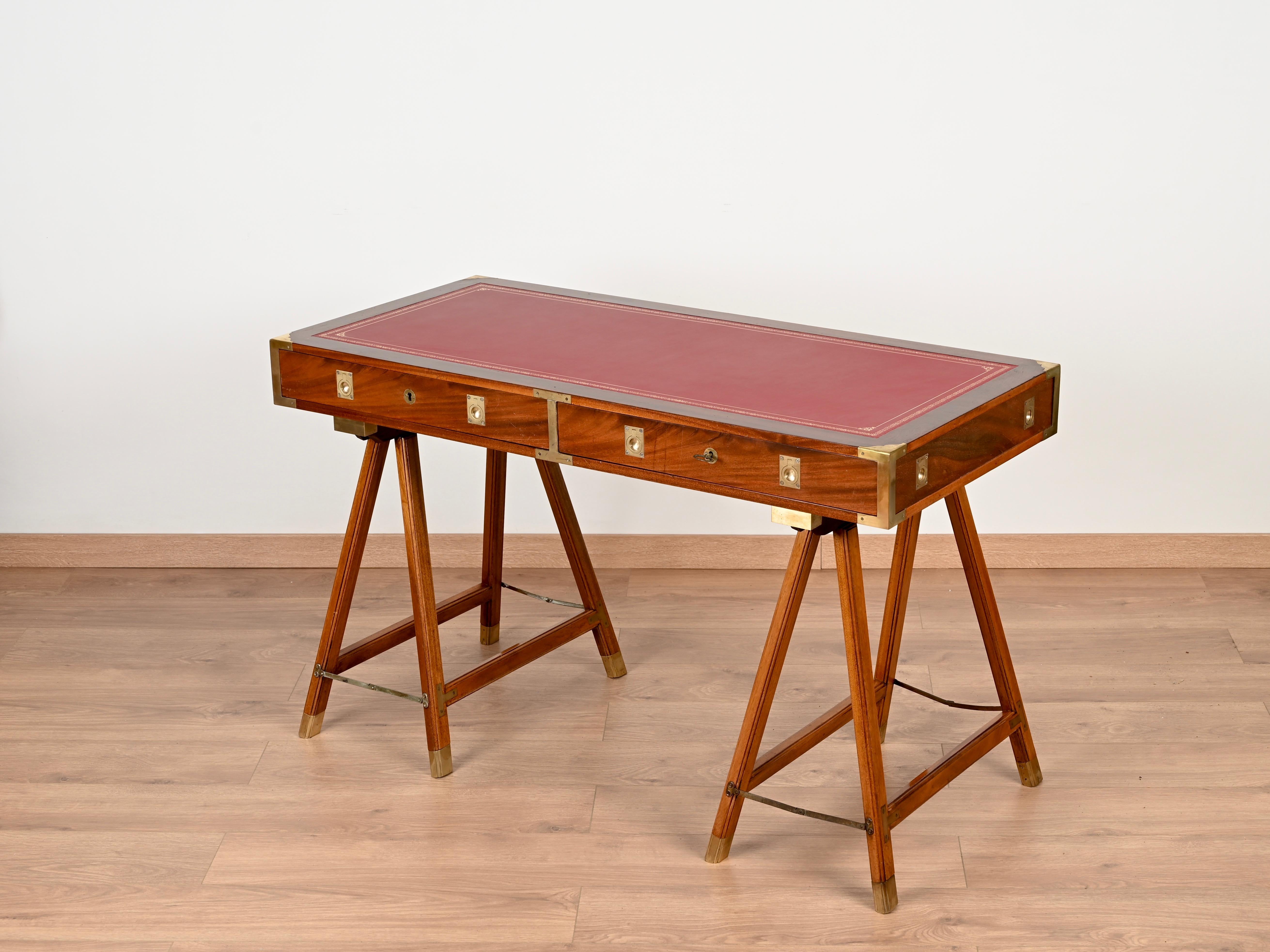 Italian Military Campaign Style Wood and Brass Desk with Red Leather Top, 1960s For Sale 6