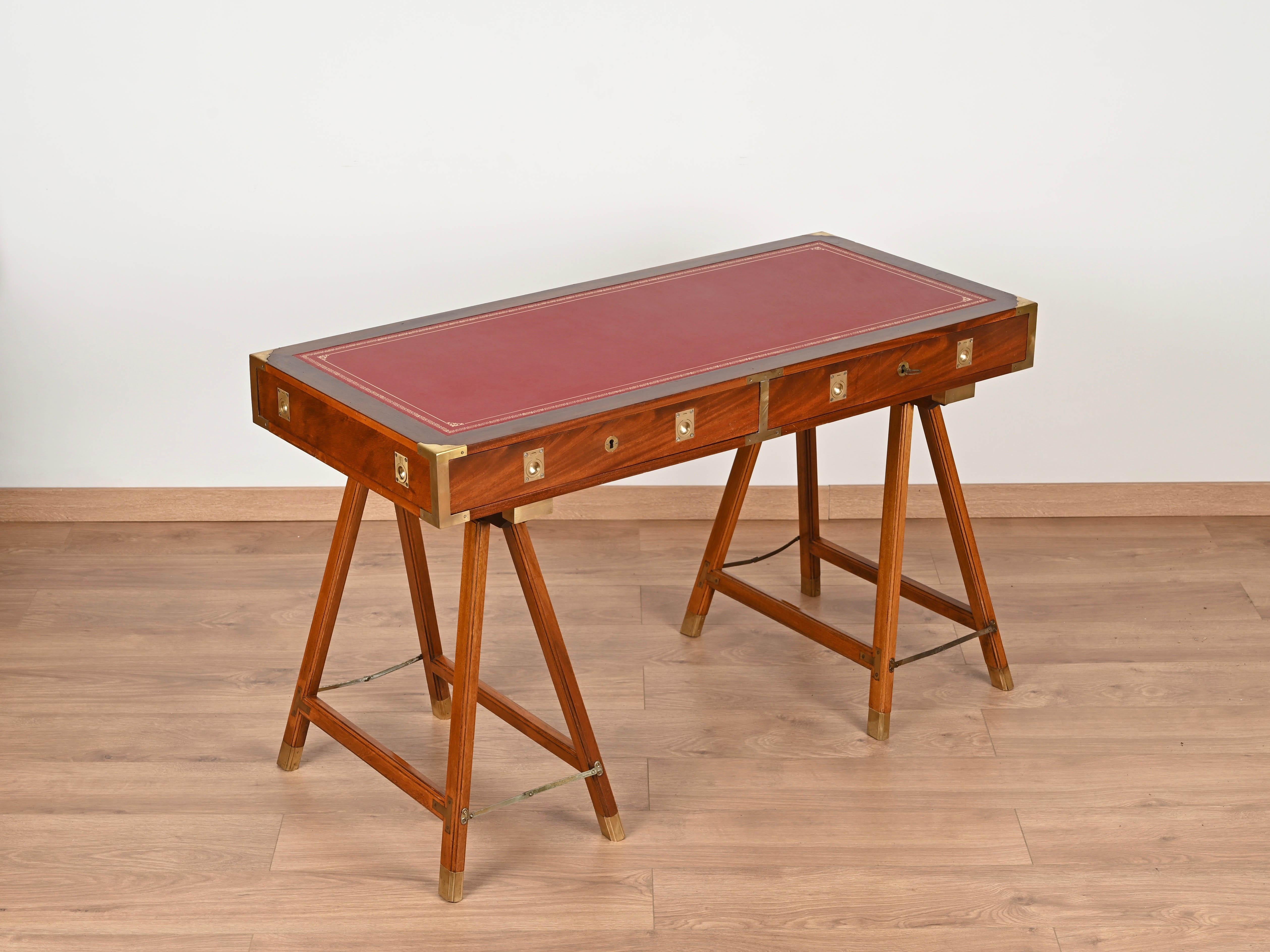 Italian Military Campaign Style Wood and Brass Desk with Red Leather Top, 1960s For Sale 8