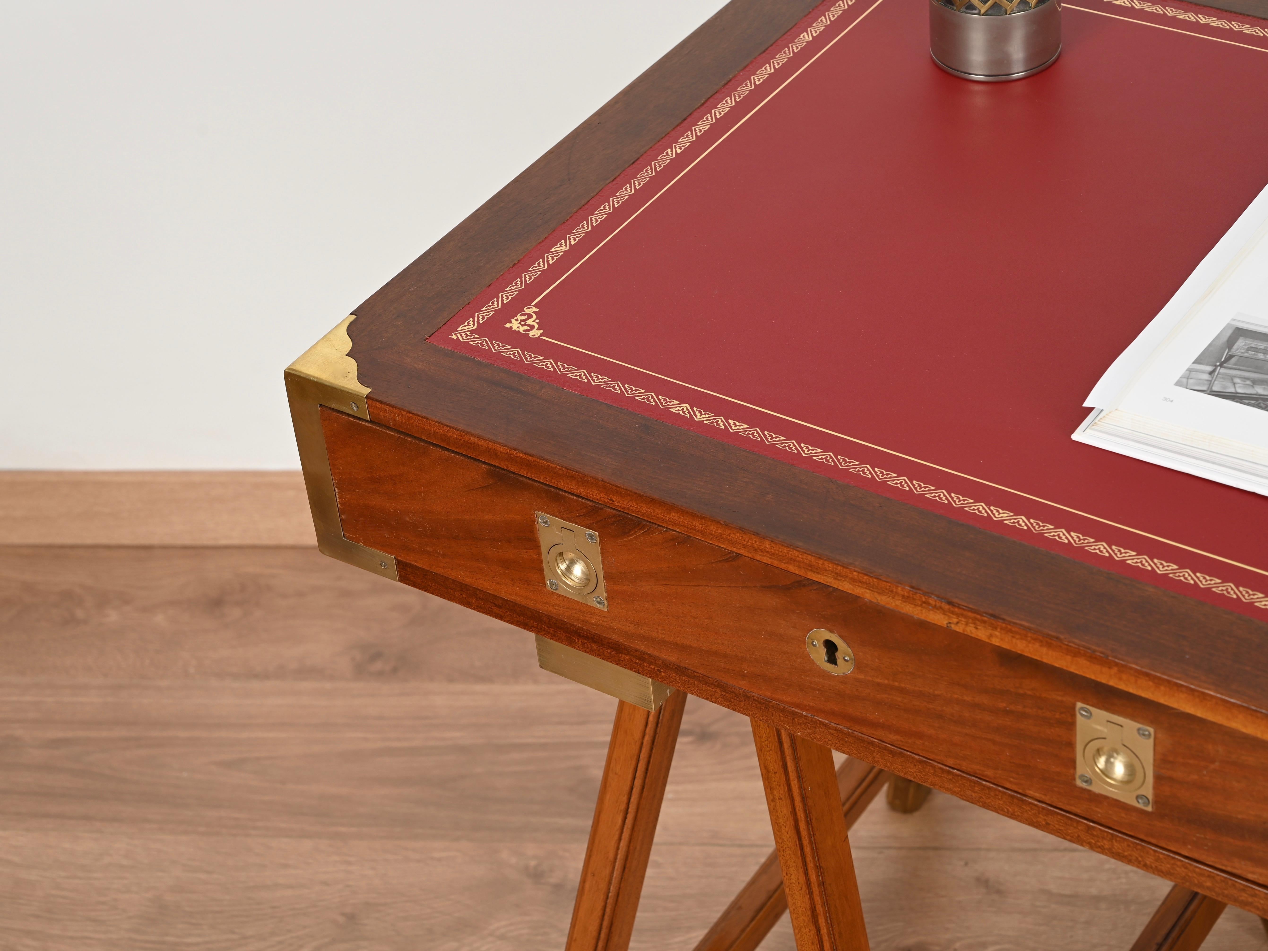 Italian Military Campaign Style Wood and Brass Desk with Red Leather Top, 1960s For Sale 9