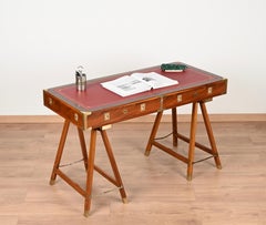 Italian Military Campaign Style Wood and Brass Desk with Red Leather Top, 1960s