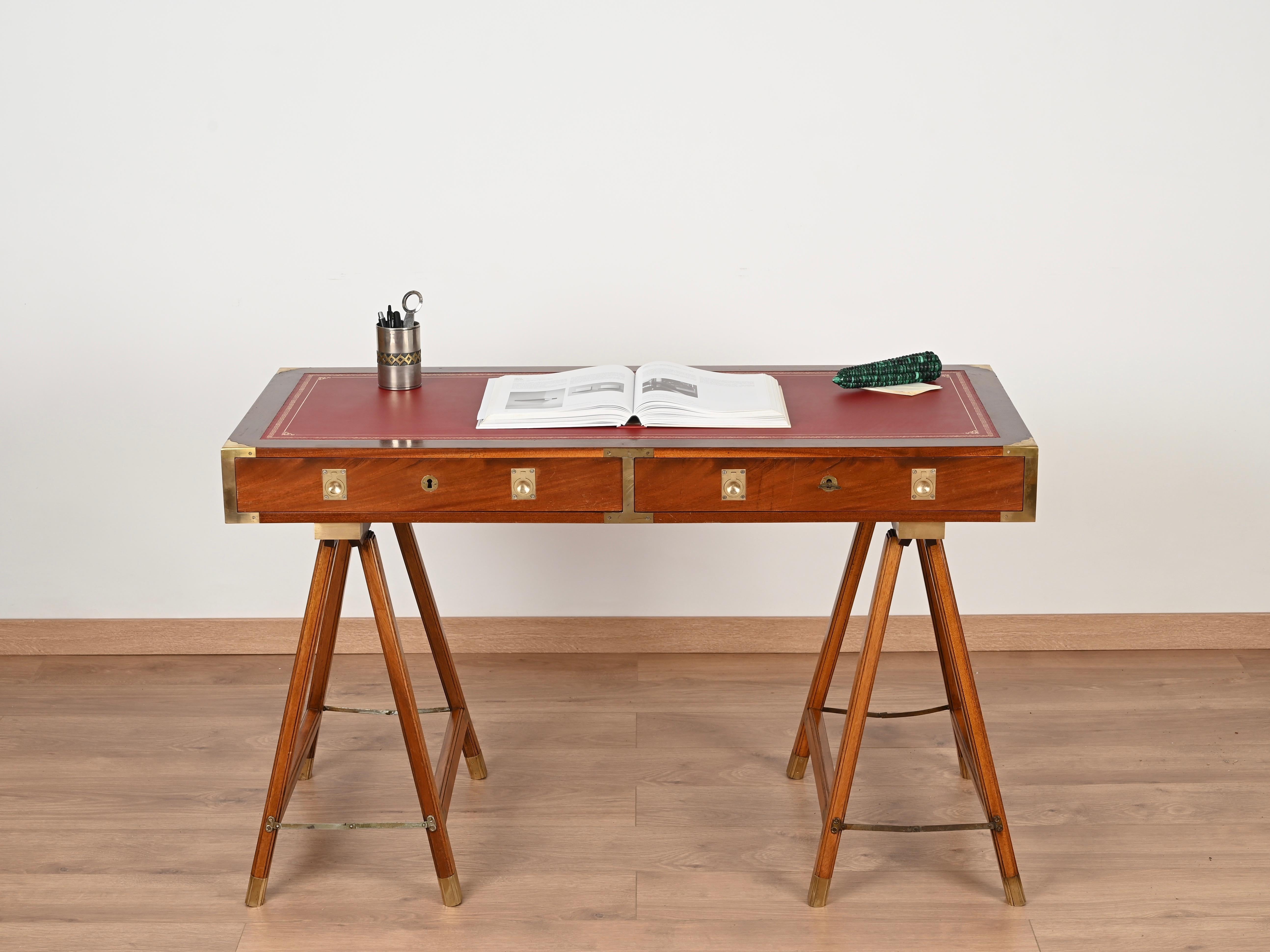 Hand-Crafted Italian Military Campaign Style Wood and Brass Desk with Red Leather Top, 1960s For Sale