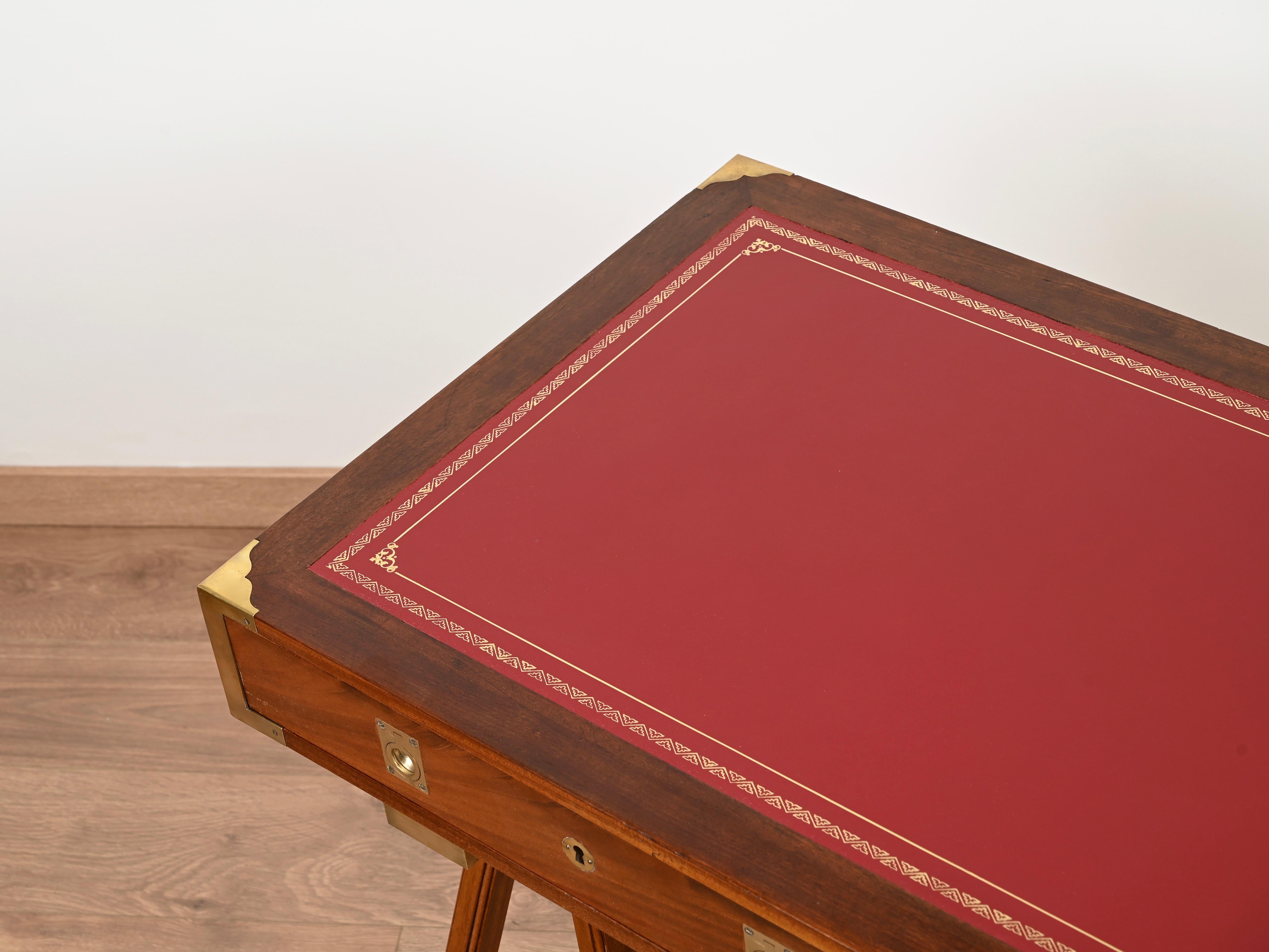 20th Century Italian Military Campaign Style Wood and Brass Desk with Red Leather Top, 1960s For Sale