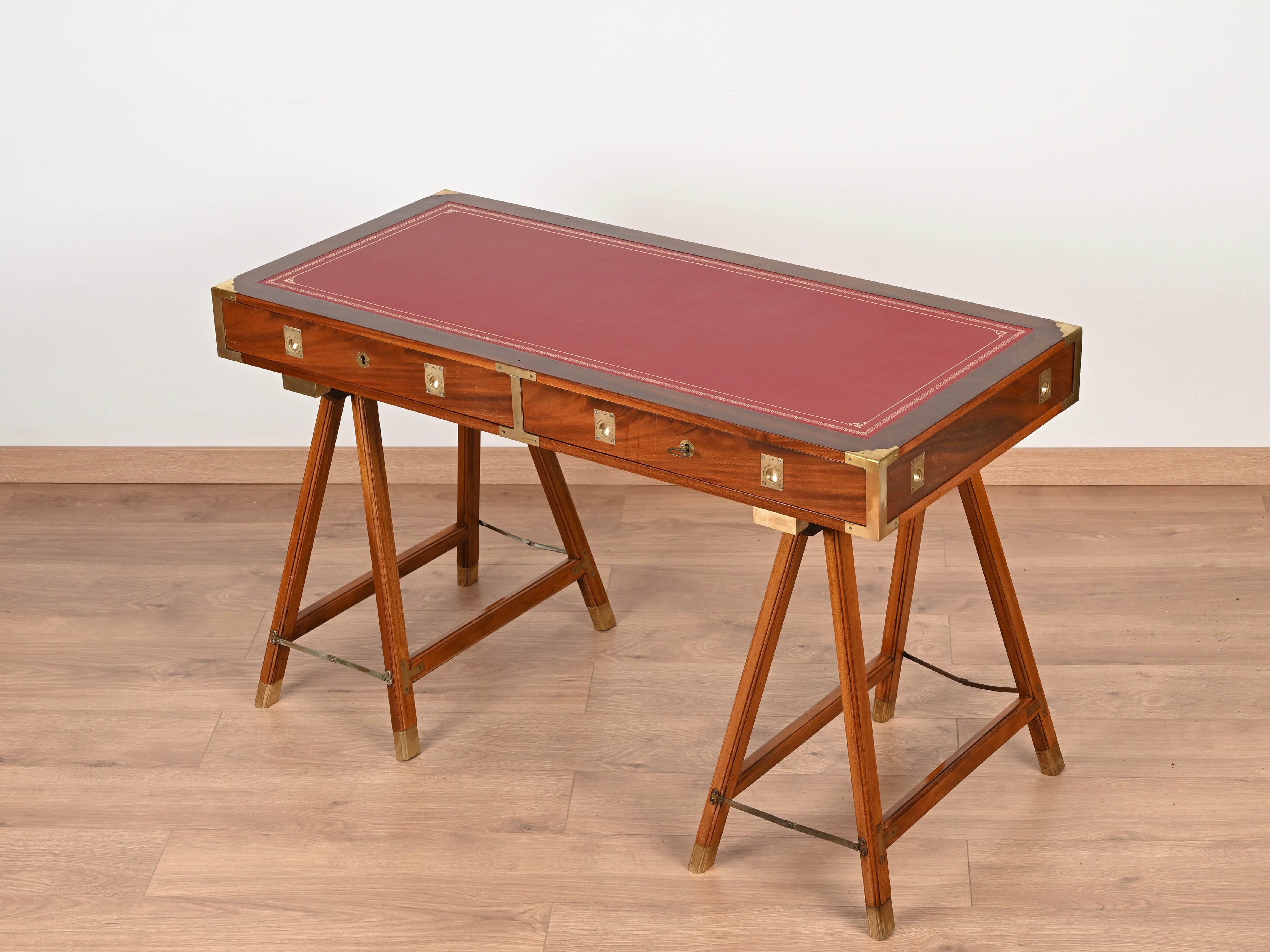 Metal Italian Military Campaign Style Wood and Brass Desk with Red Leather Top, 1960s For Sale
