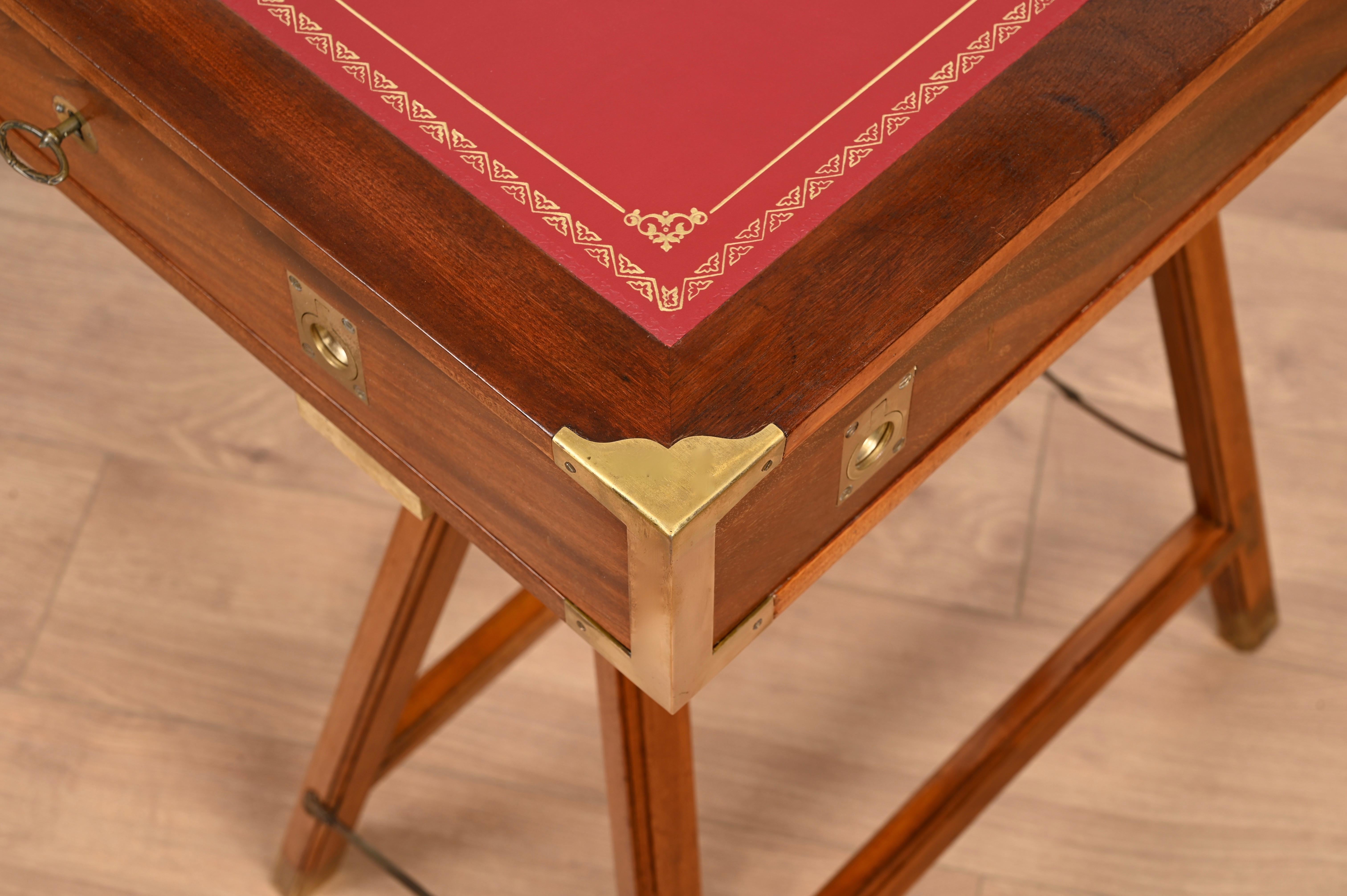 Italian Military Campaign Style Wood and Brass Desk with Red Leather Top, 1960s For Sale 1