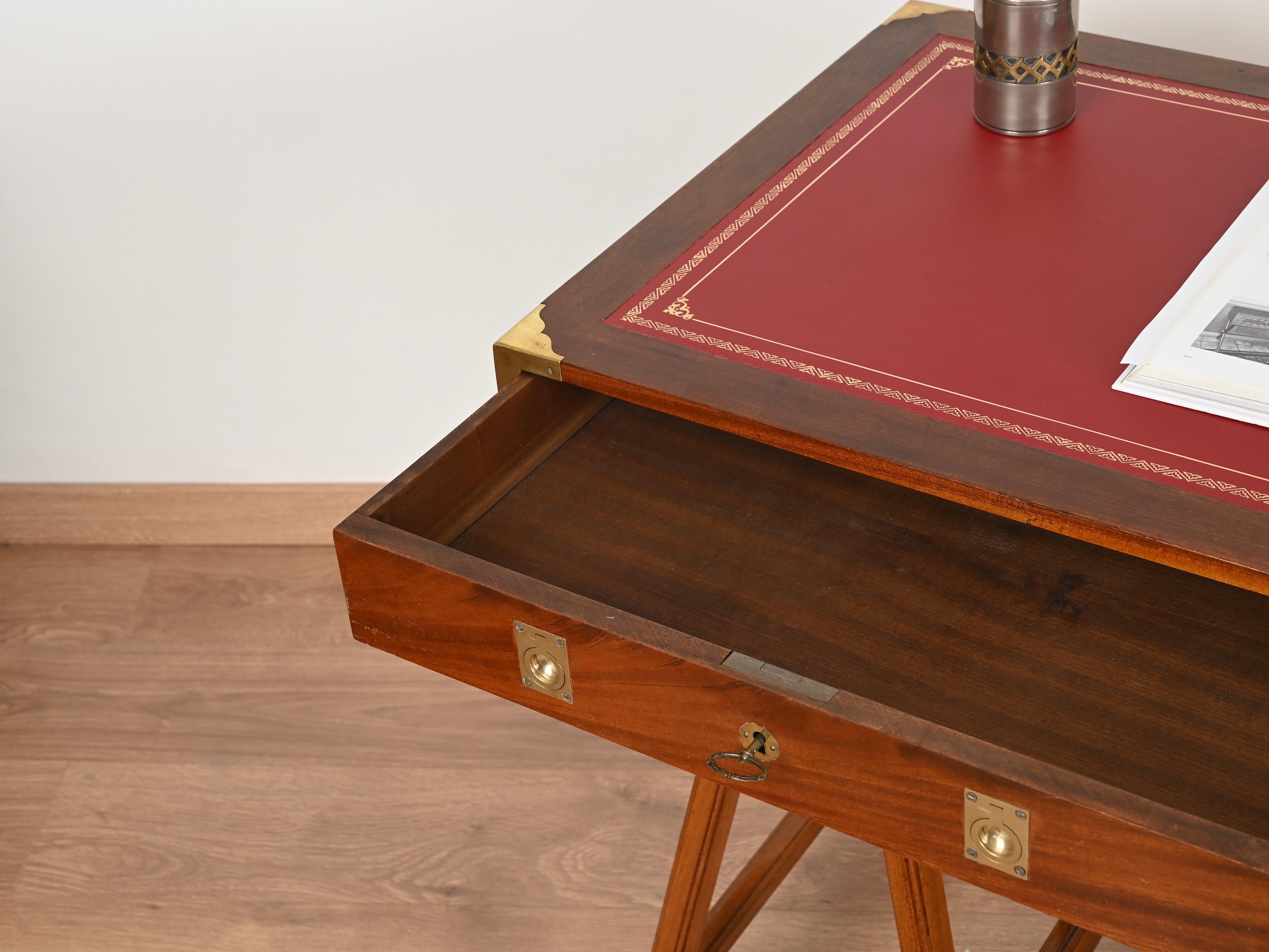 Italian Military Campaign Style Wood and Brass Desk with Red Leather Top, 1960s For Sale 2