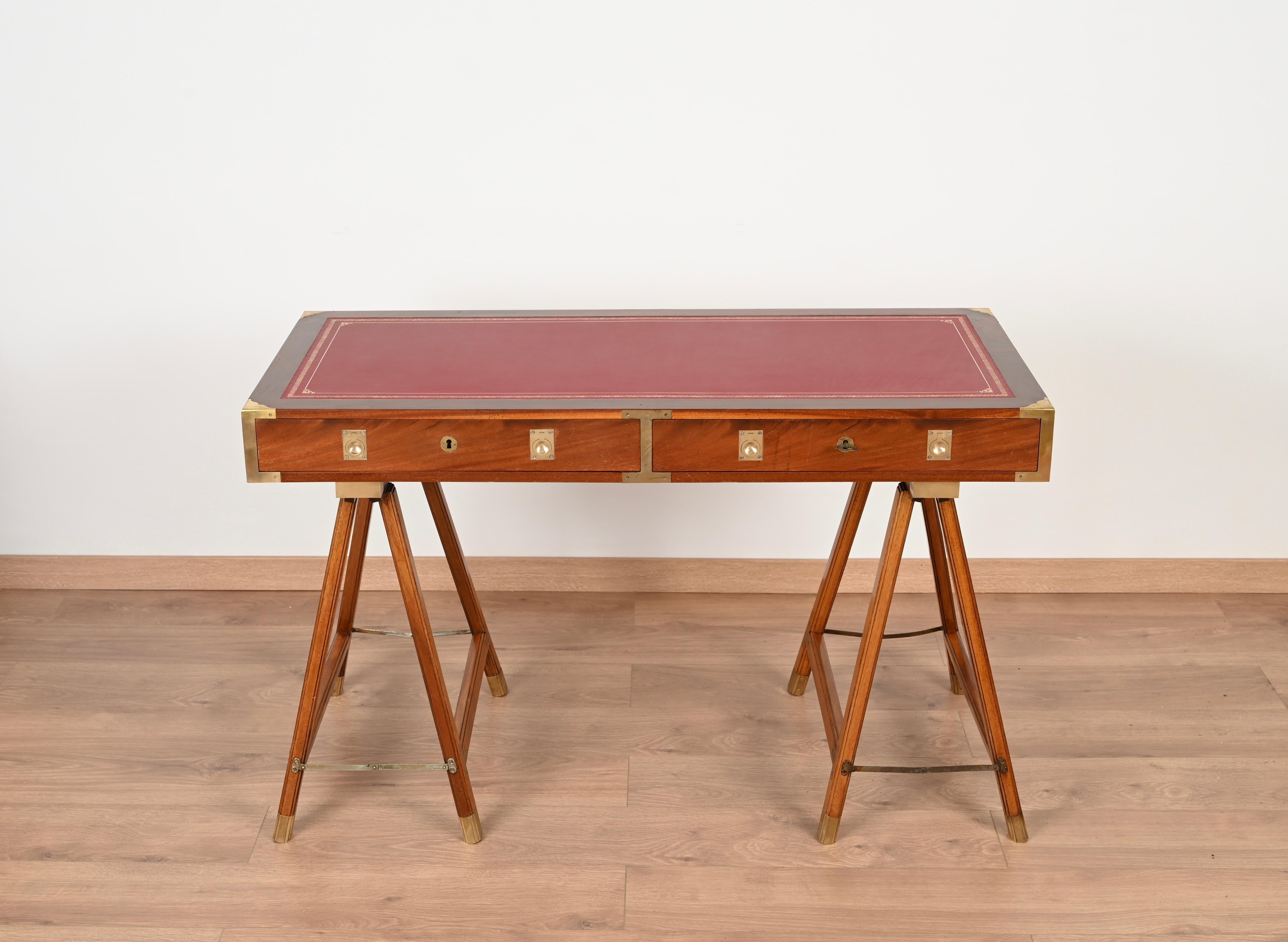 Italian Military Campaign Style Wood and Brass Desk with Red Leather Top, 1960s For Sale 3