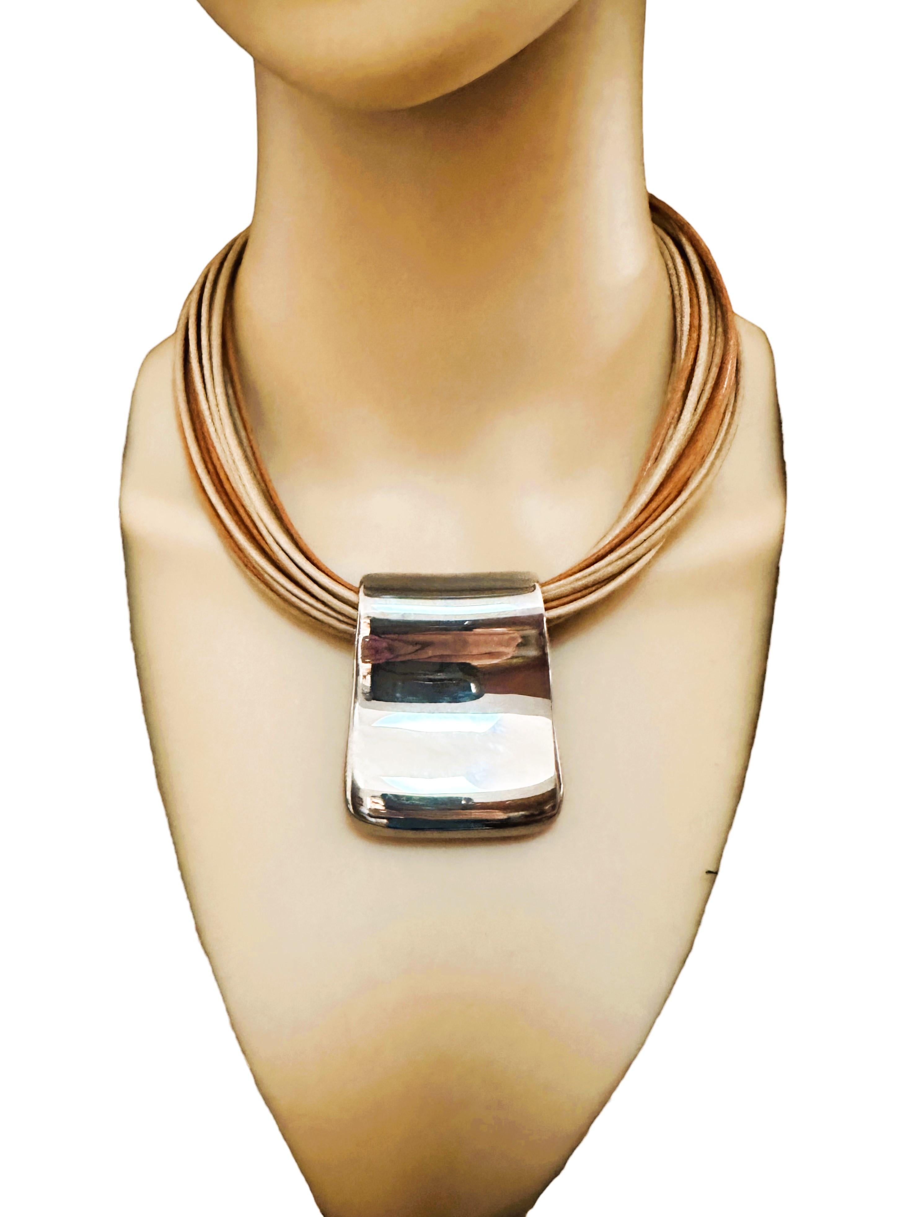 Italian Milor Italy Leather Strand Necklace with Sterling Pendant For Sale 1