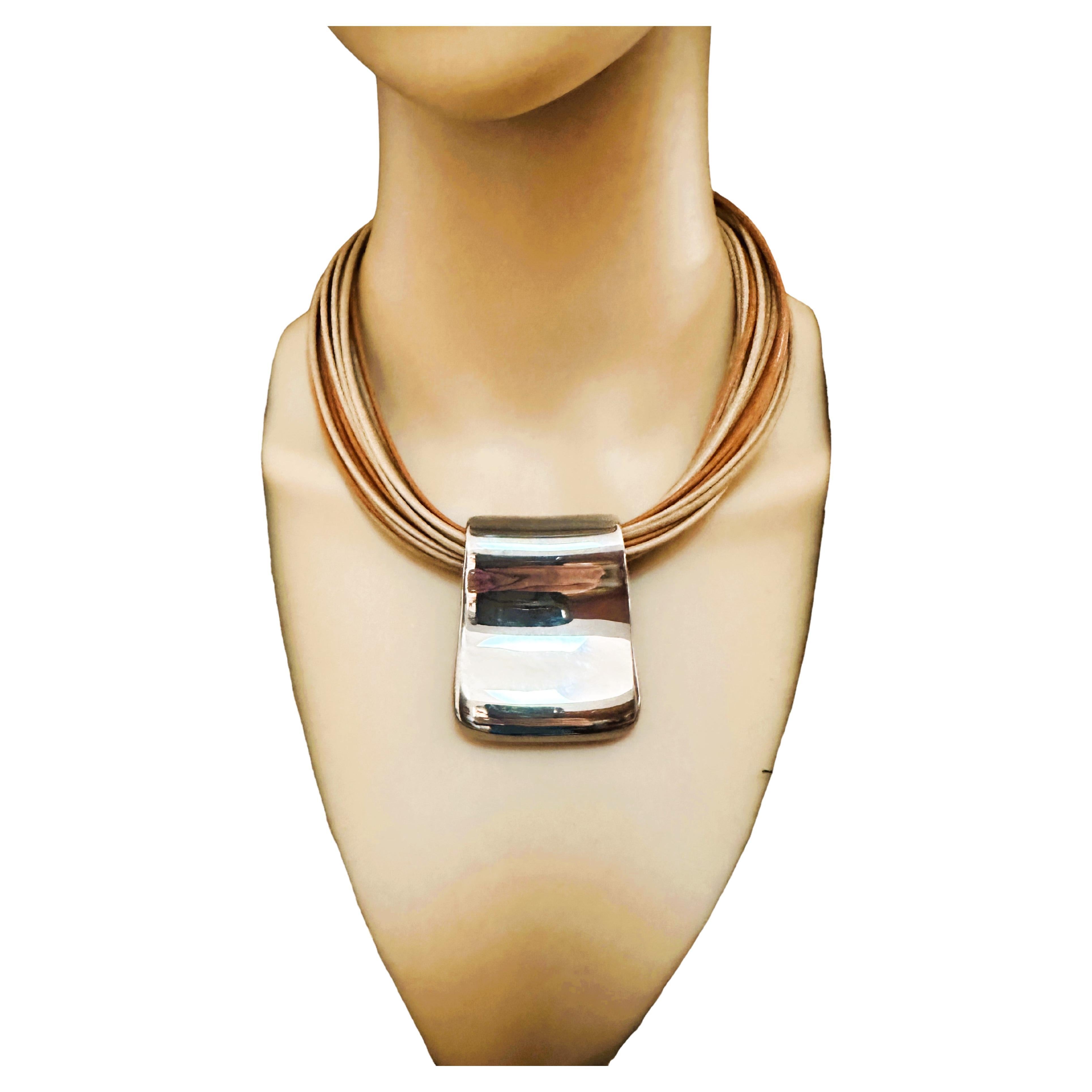 Italian Milor Italy Leather Strand Necklace with Sterling Pendant For Sale