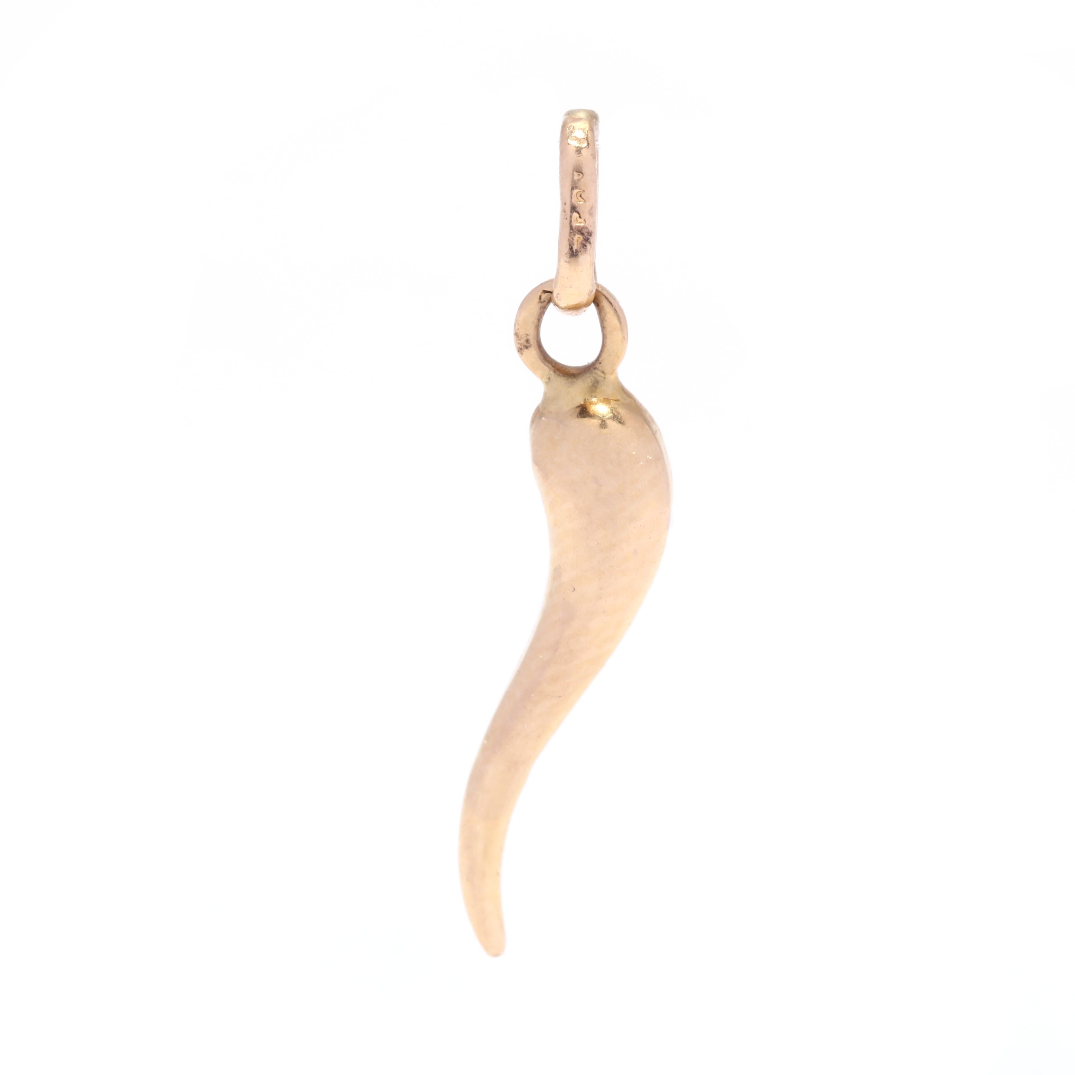 A vintage 14 karat yellow gold Italian horn charm. This mini charm features a curved horn motif and with a thin bail.

Length: 1 in.

Width: 3/16 in.

Weight: 0.50 dwts. / 0.80 grams

Metal: Tested 14KT



Ring Sizings & Modifications:
* We are