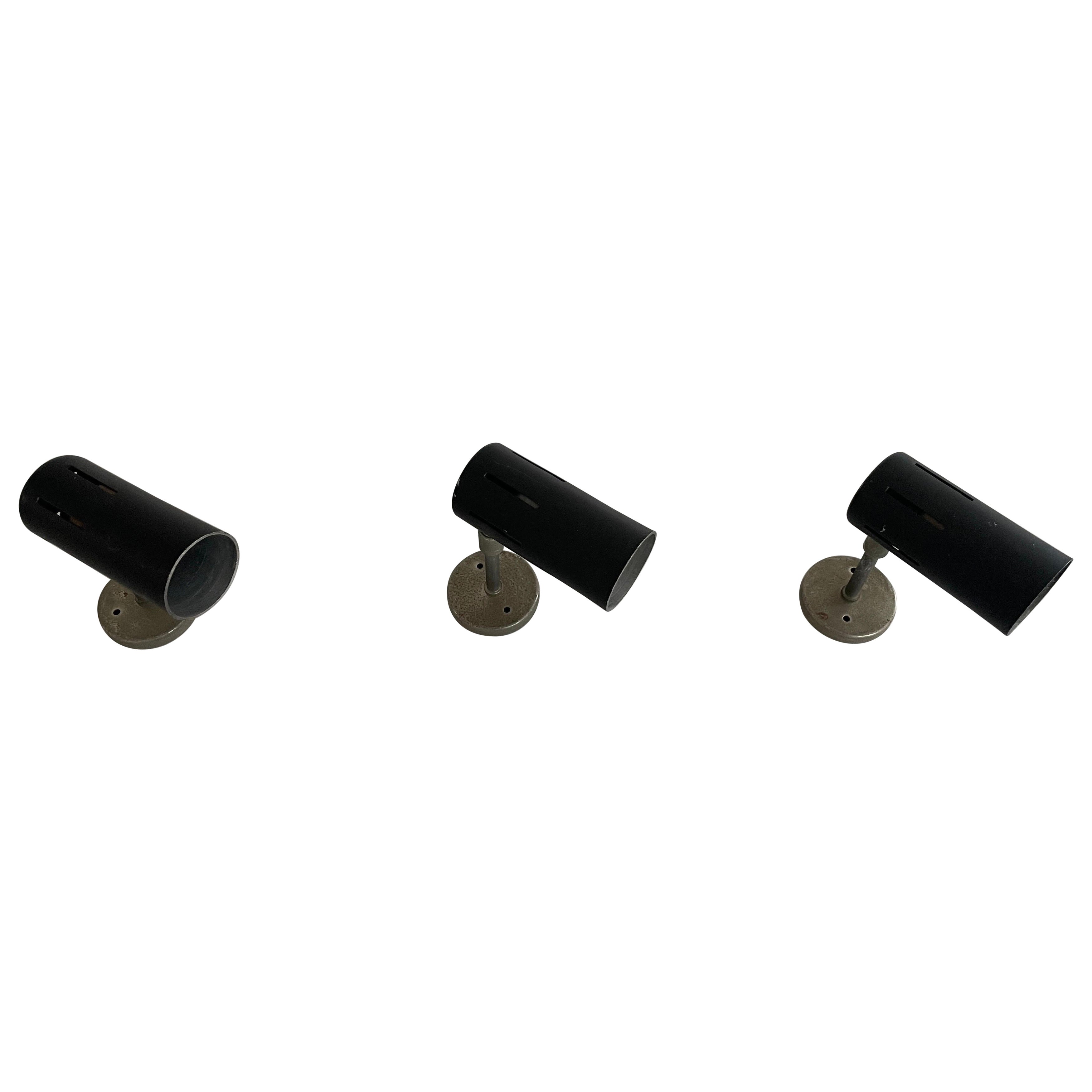 Italian Minimal Design Black Metal Spot Set of 3 Sconces, 1950s, Italy