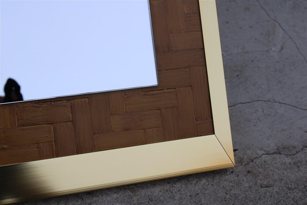 Italian Minimal Rectangular Wall Mirror 1970 in Straw and Gold Brass For Sale 7