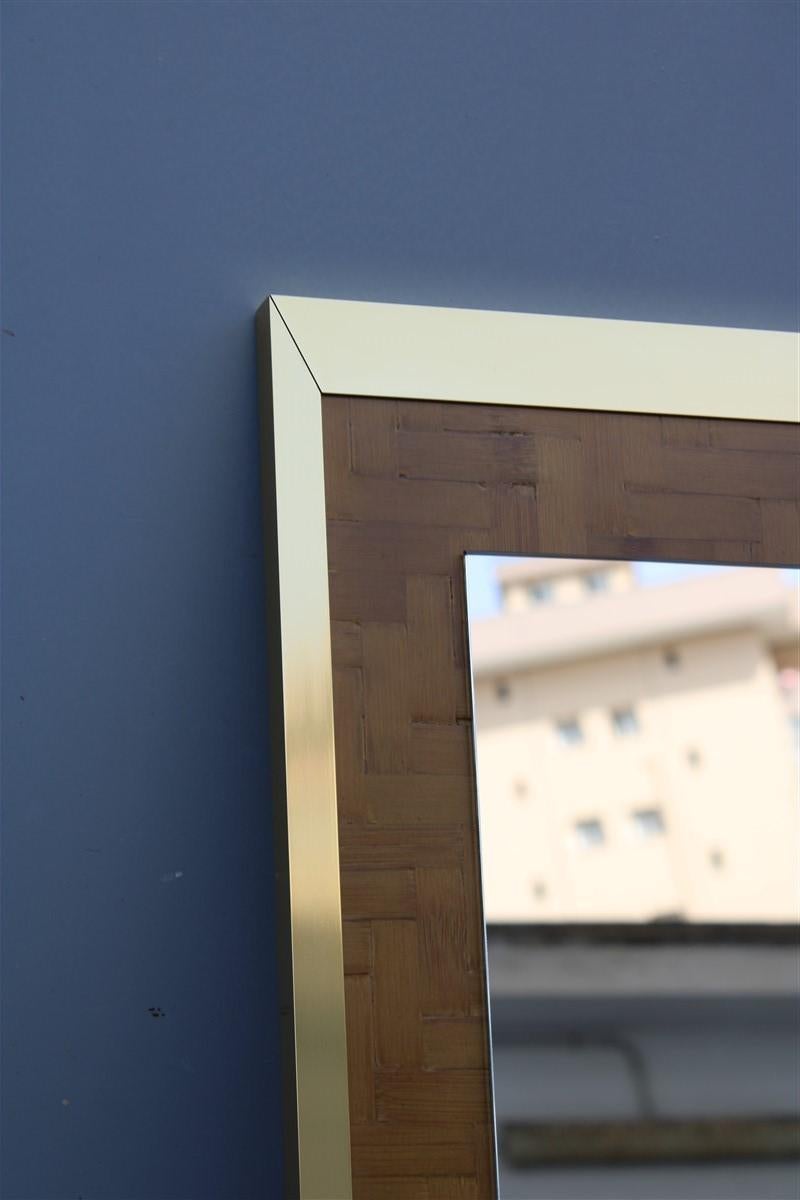 Italian Minimal Rectangular Wall Mirror 1970 in Straw and Gold Brass In Good Condition For Sale In Palermo, Sicily