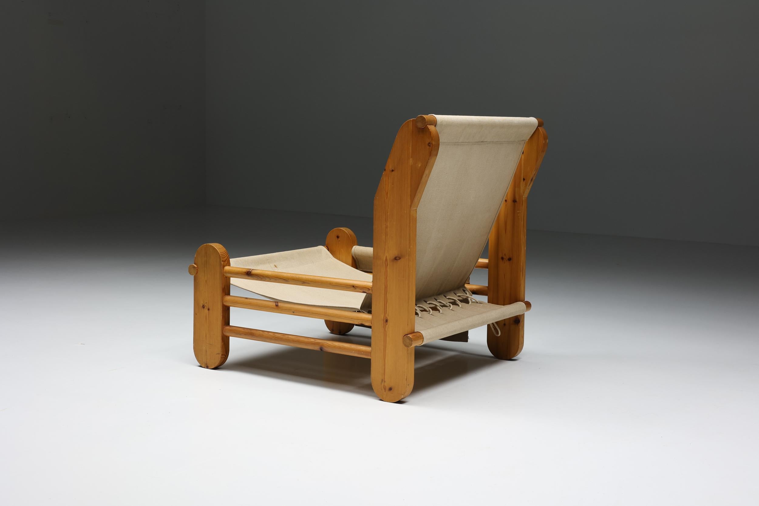 Late 20th Century Italian Minimalism, Pine Lounge Chairs with Canvas, Organic Details, 1970's