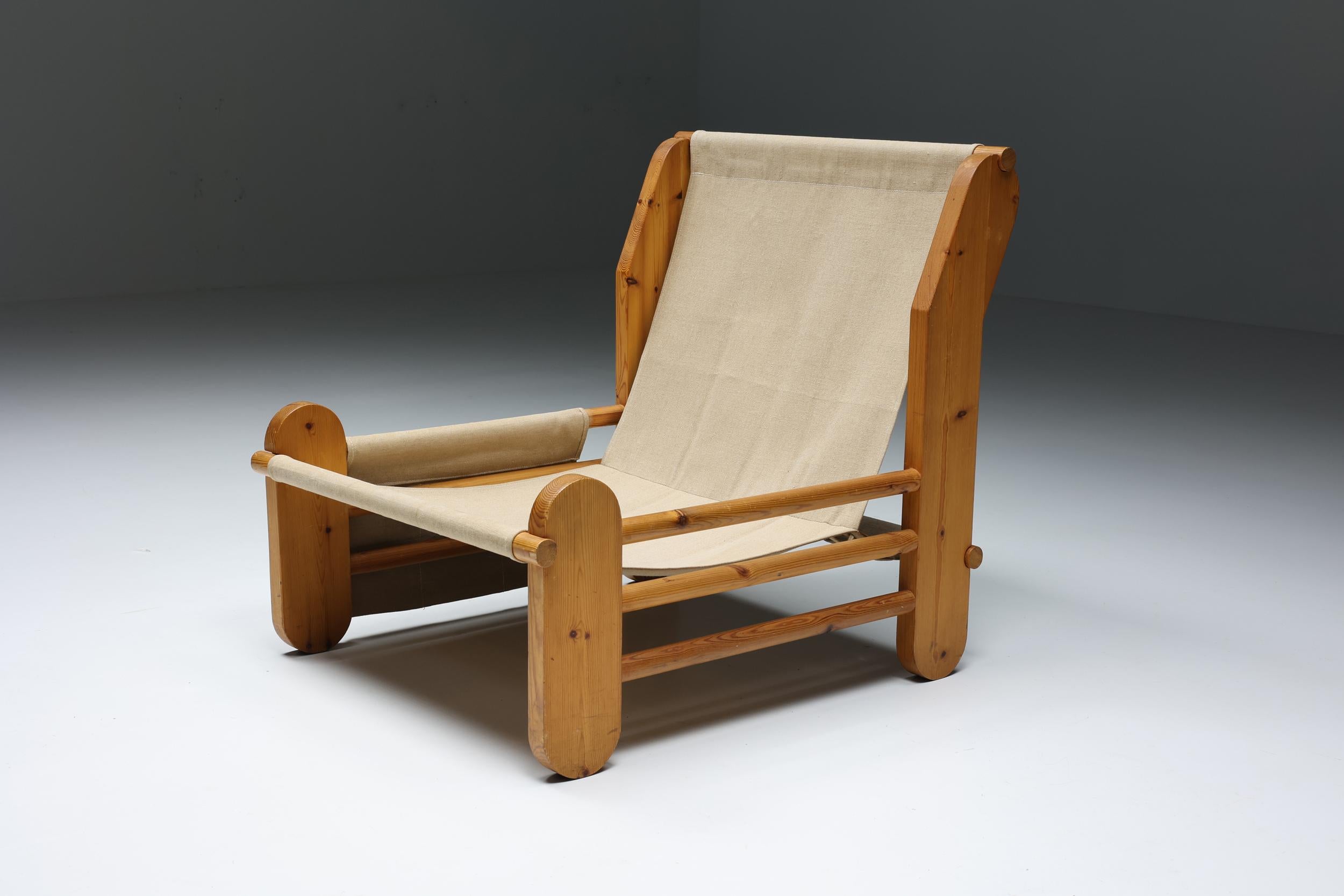 Italian Minimalism, Pine Lounge Chairs with Canvas, Organic Details, 1970's 1