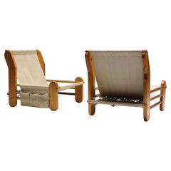 Italian Minimalism, Pine Lounge Chairs with Canvas, Organic Details, 1970
s