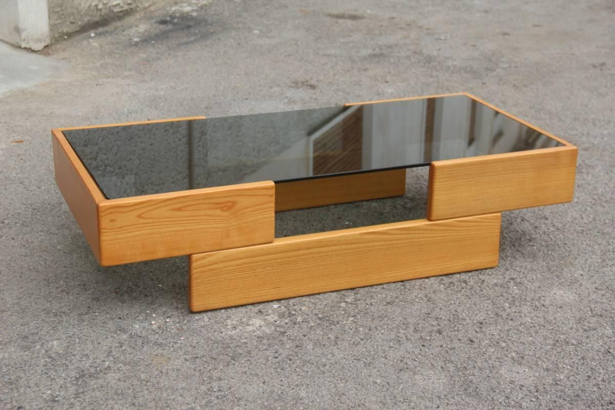 Mid-Century Modern Italian Minimalist Coffee Table in Ash with Grey Glass, 1970s  For Sale