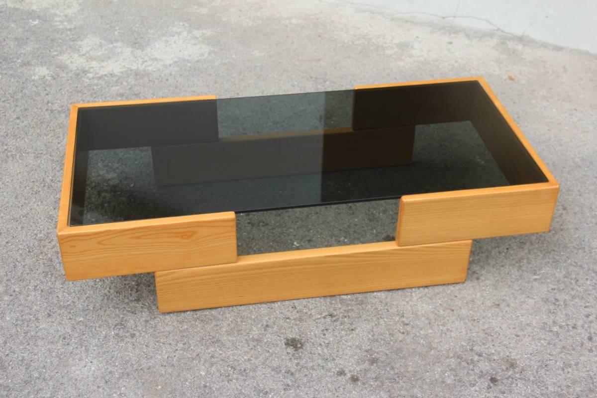 Late 20th Century Italian Minimalist Coffee Table in Ash with Grey Glass, 1970s  For Sale