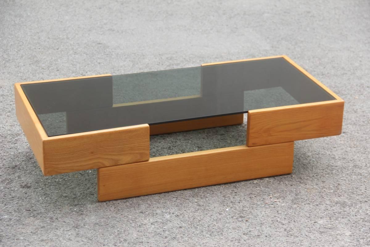 Italian Minimalist Coffee Table in Ash with Grey Glass, 1970s  For Sale 1