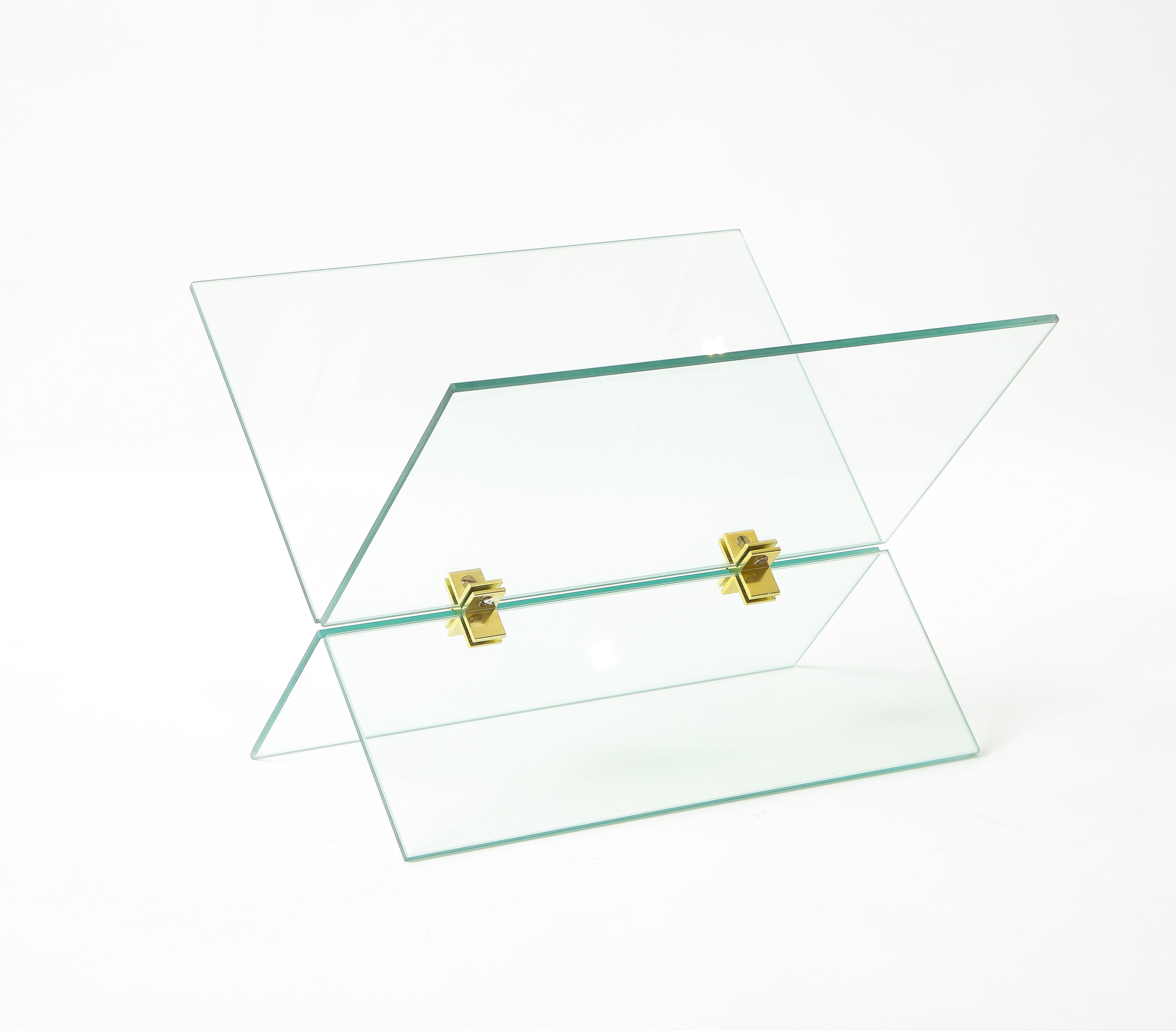 Italian Minimalist glass & brass magazine holder, Italy, c. 1970.