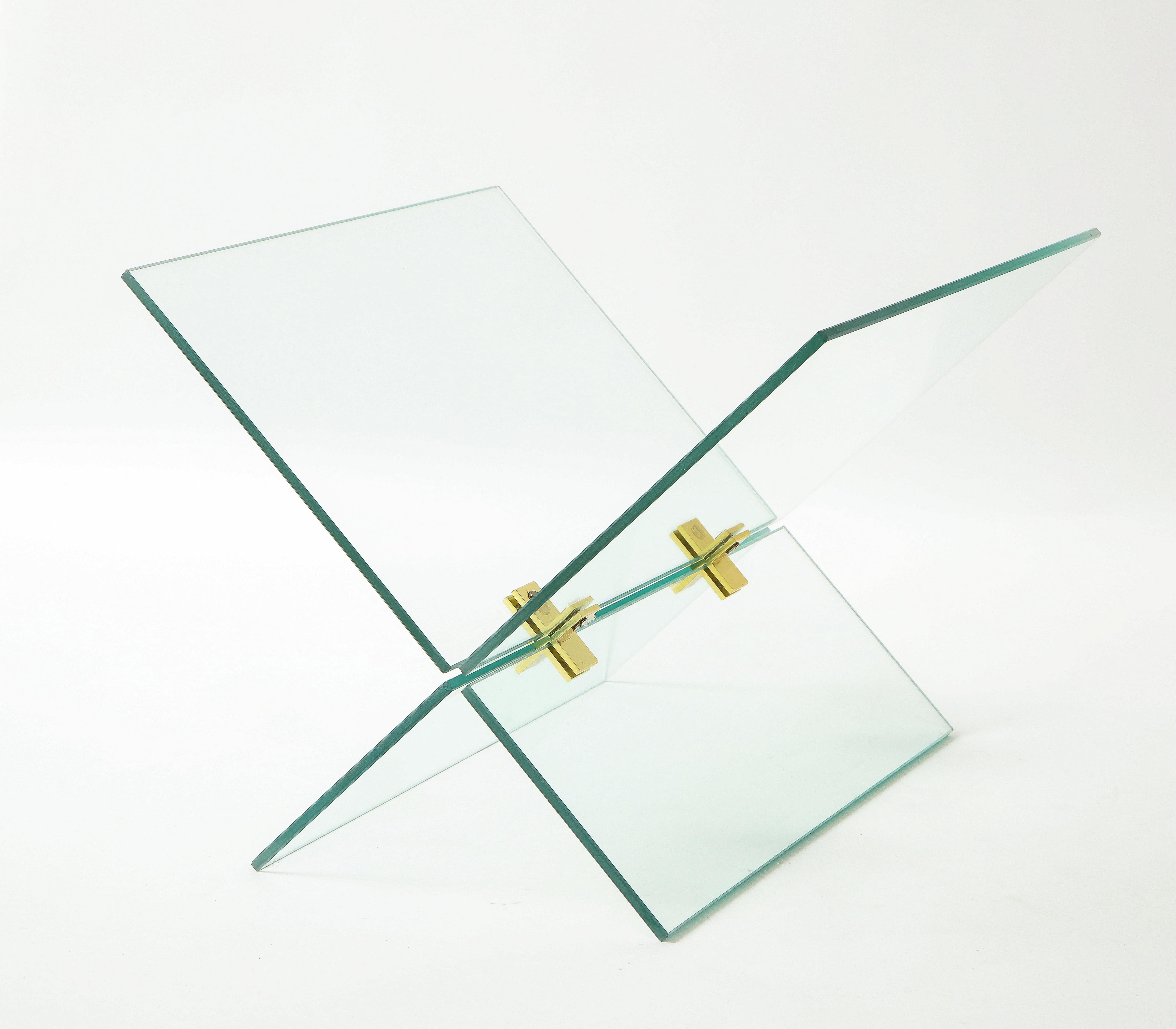 Mid-20th Century Italian Minimalist Glass & Brass Magazine Holder, Italy, c. 1970 For Sale