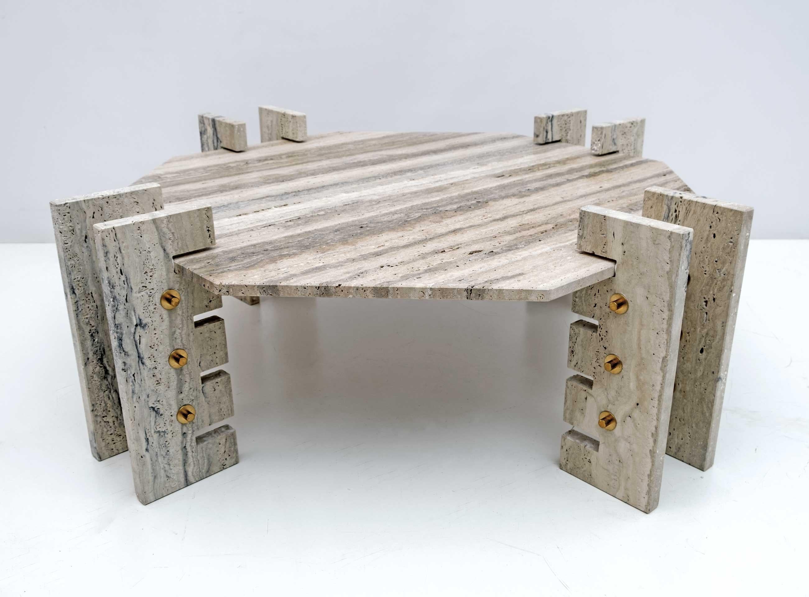 Brass Italian Minimalist Octagonal Travertine Coffee Table, 1970s For Sale