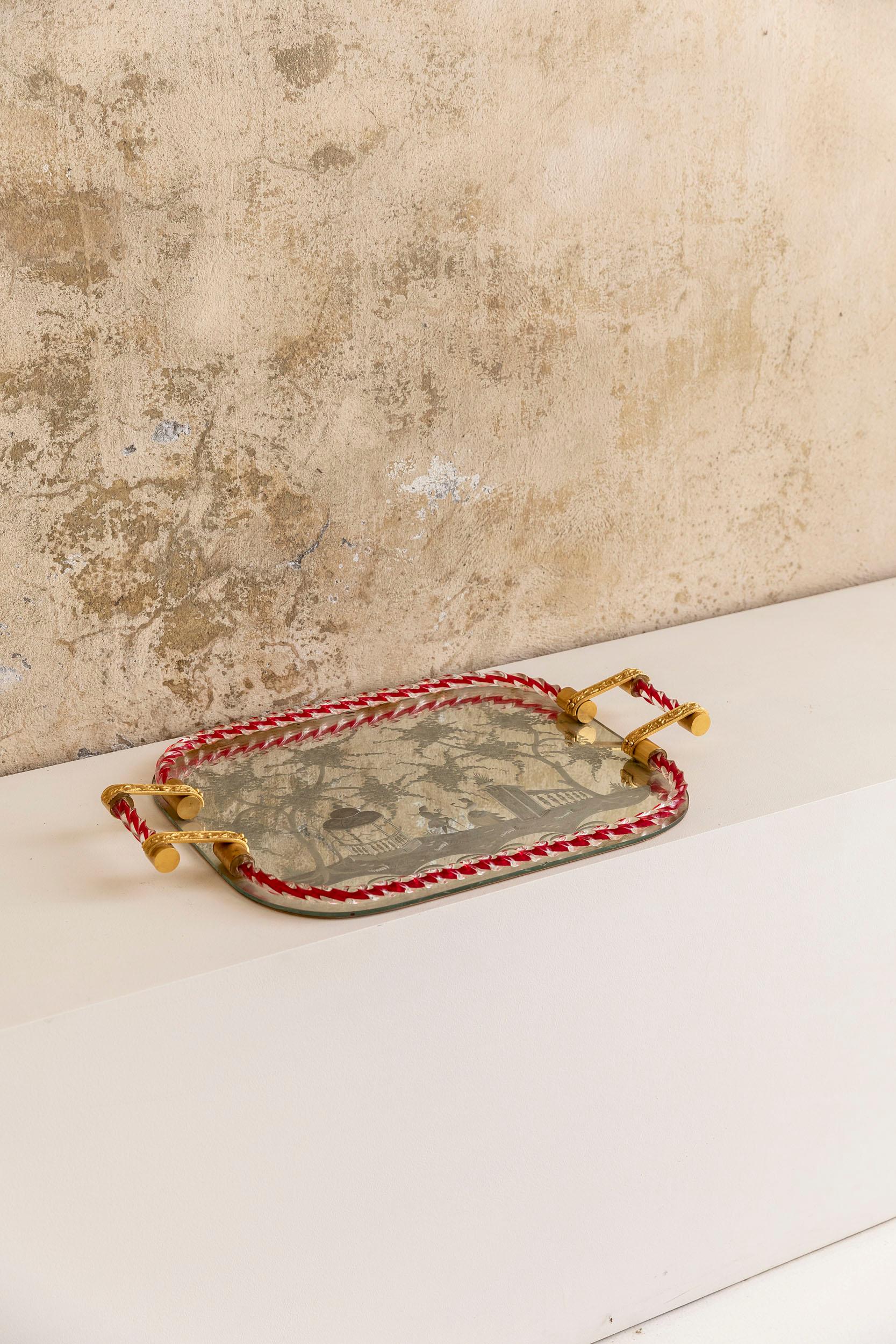 Mid-Century Modern Italian Mirror-Engraved Murano Glass Serving Tray Attributed to Ercole Barovier