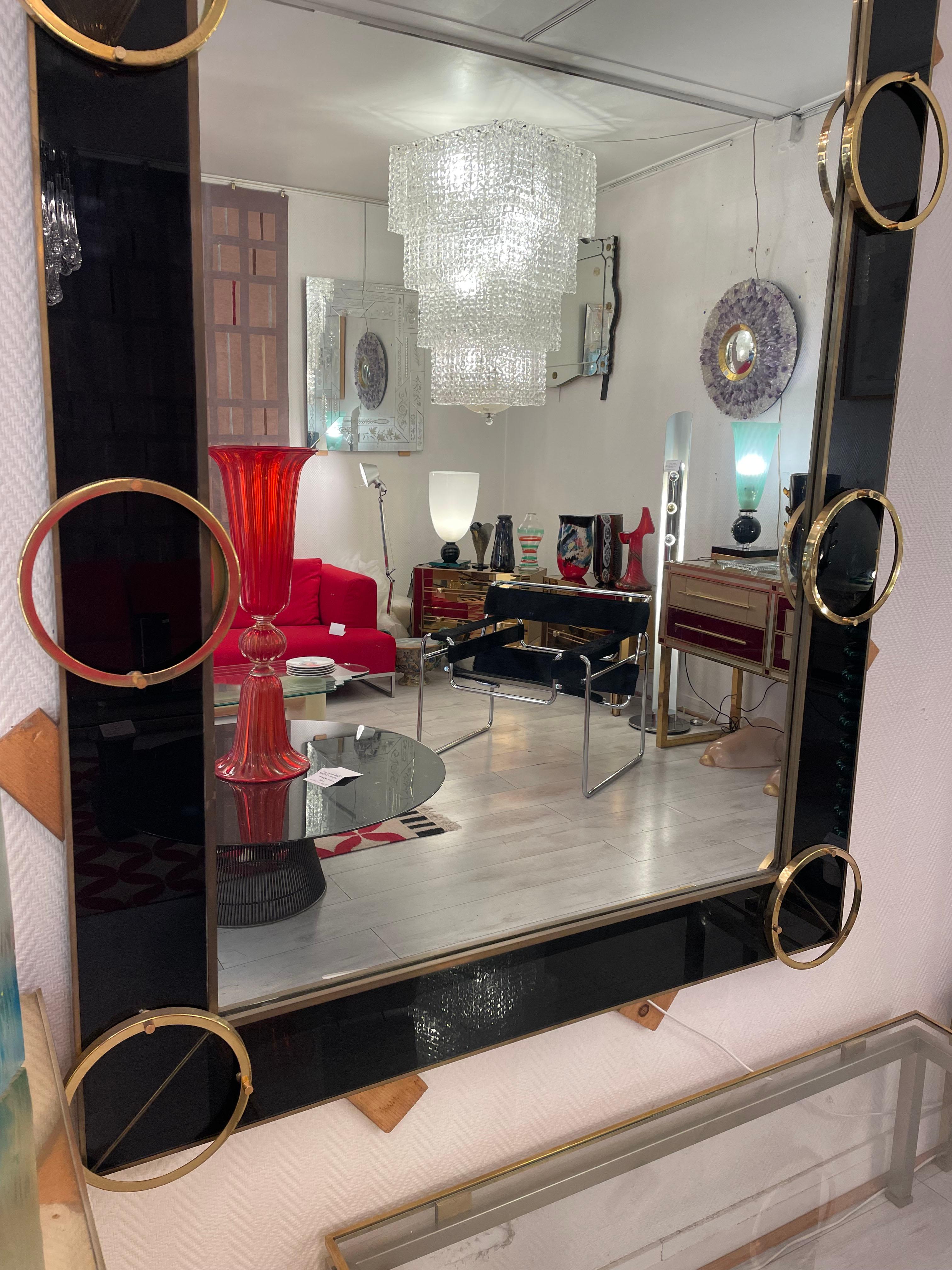 Late 20th Century Italian mirror from the 70's in tinted glass and brass  For Sale