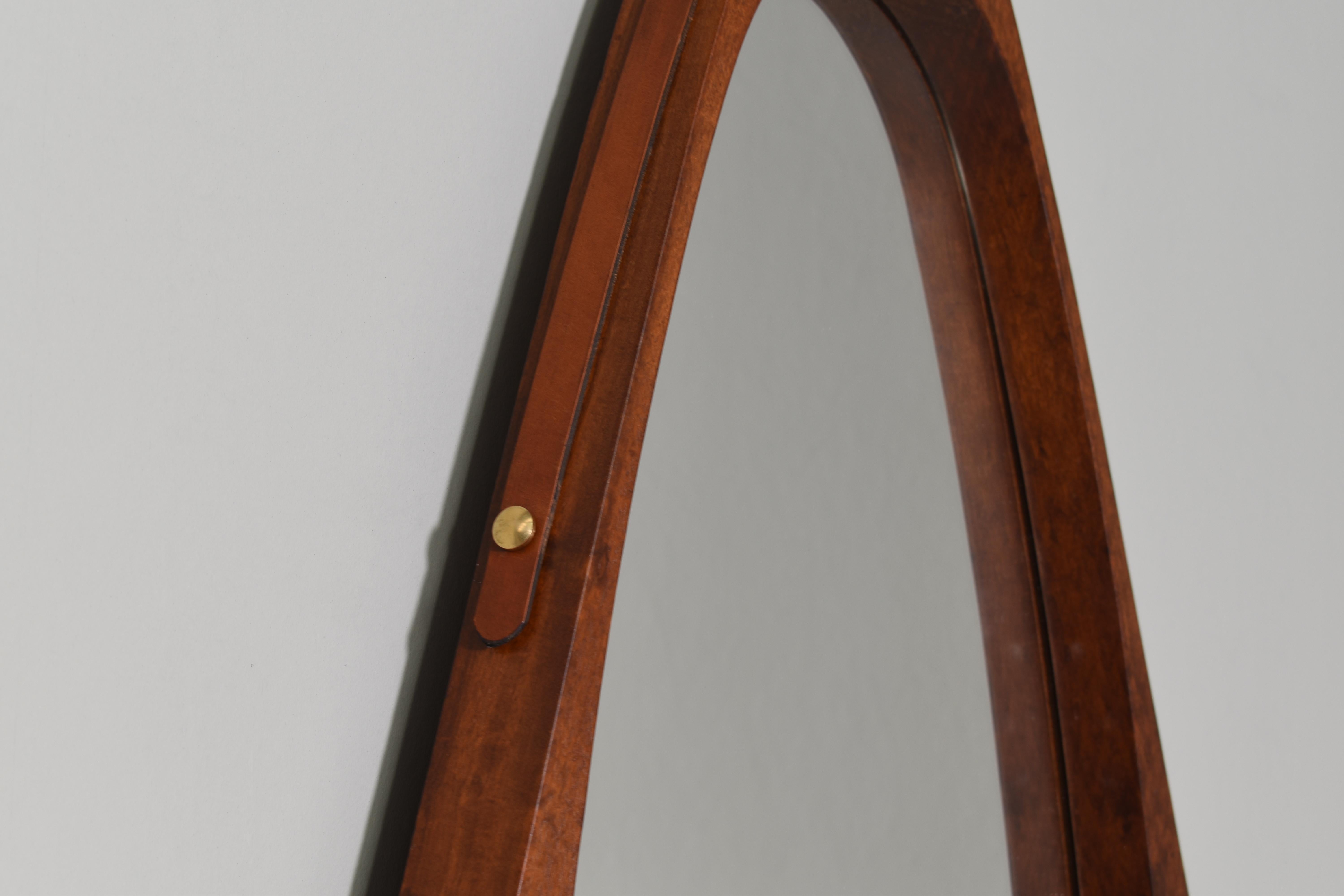 Italian Mirror in Solid Teak, Leather and Brass, Italy, circa 1950 1