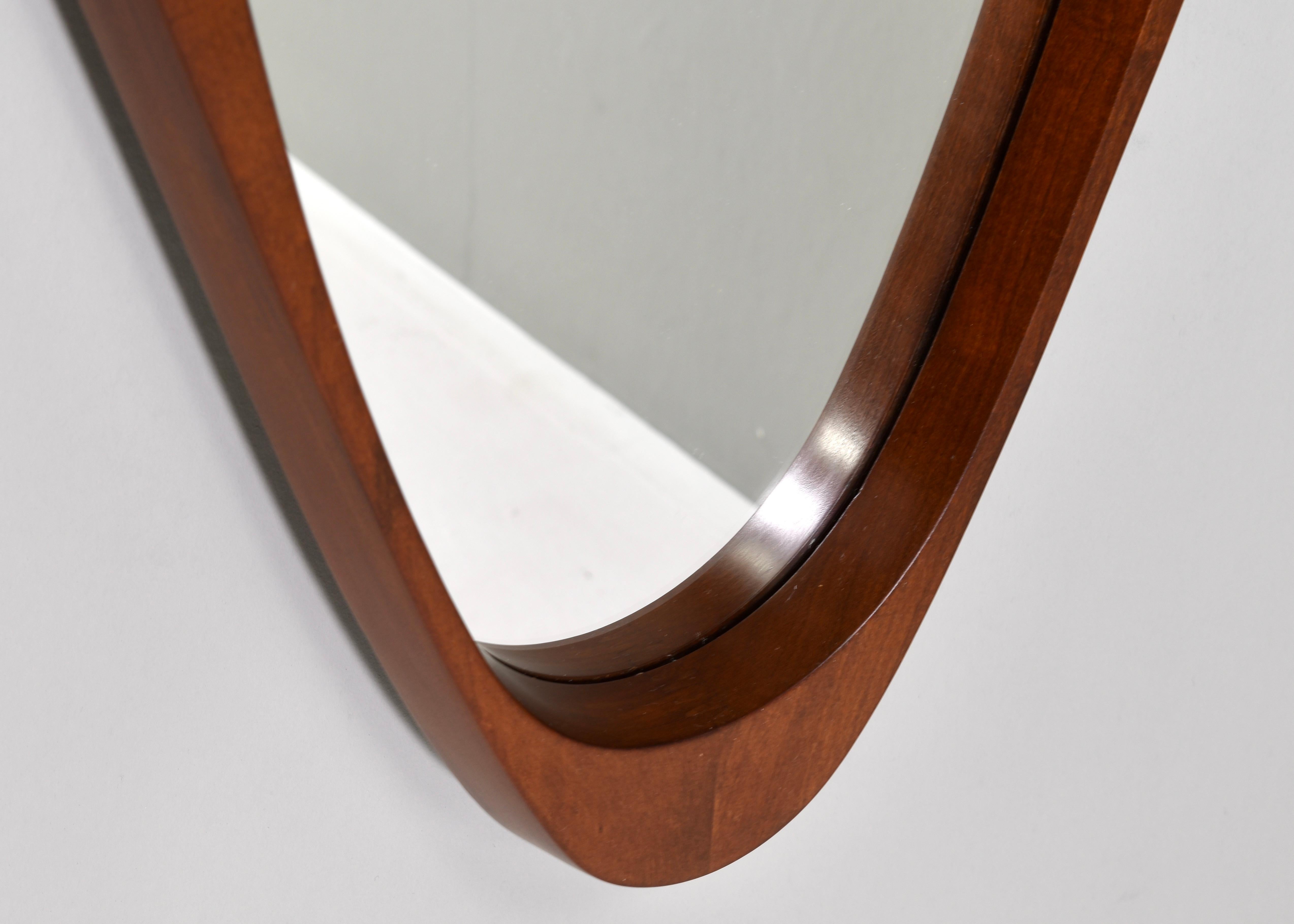 Italian Mirror in Solid Teak, Leather and Brass, Italy, circa 1950 4