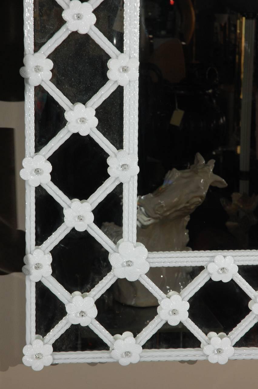 Late 20th Century Italian Mirror w/ White Murano Glass in Venetian Crisscross Design, 1990s For Sale