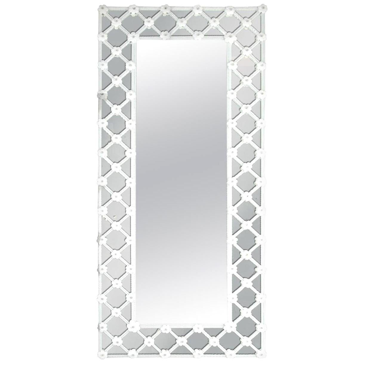 Italian Mirror w/ White Murano Glass in Venetian Crisscross Design, 1990s For Sale