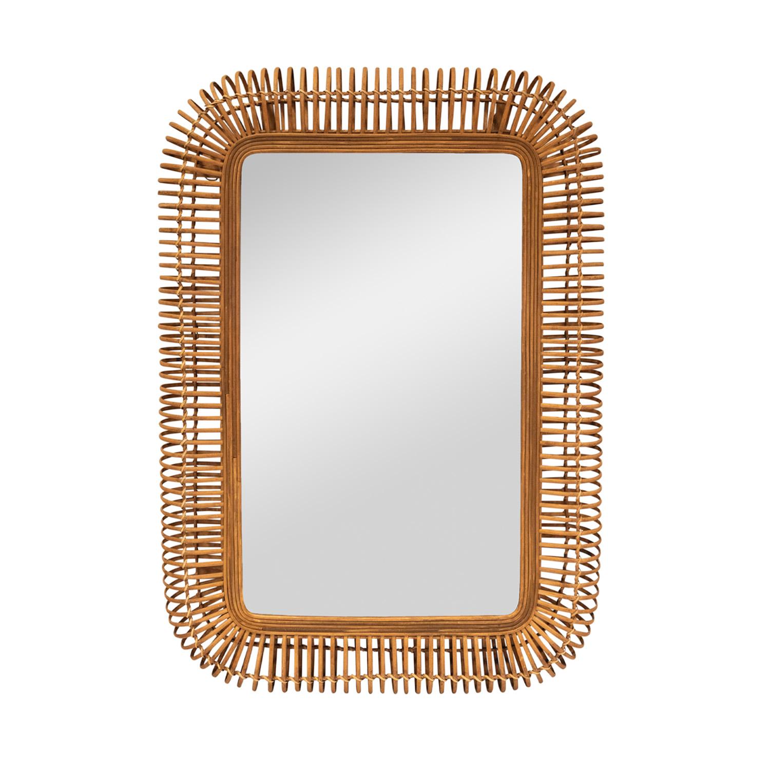 Beautifully made wall-hanging rectangular mirror with impressive looped and woven rattan frame, Italian 1960's.  This mirror is very chic and would enhance any interior.  This  mirror can hang vertically (as shown) or horizontally.