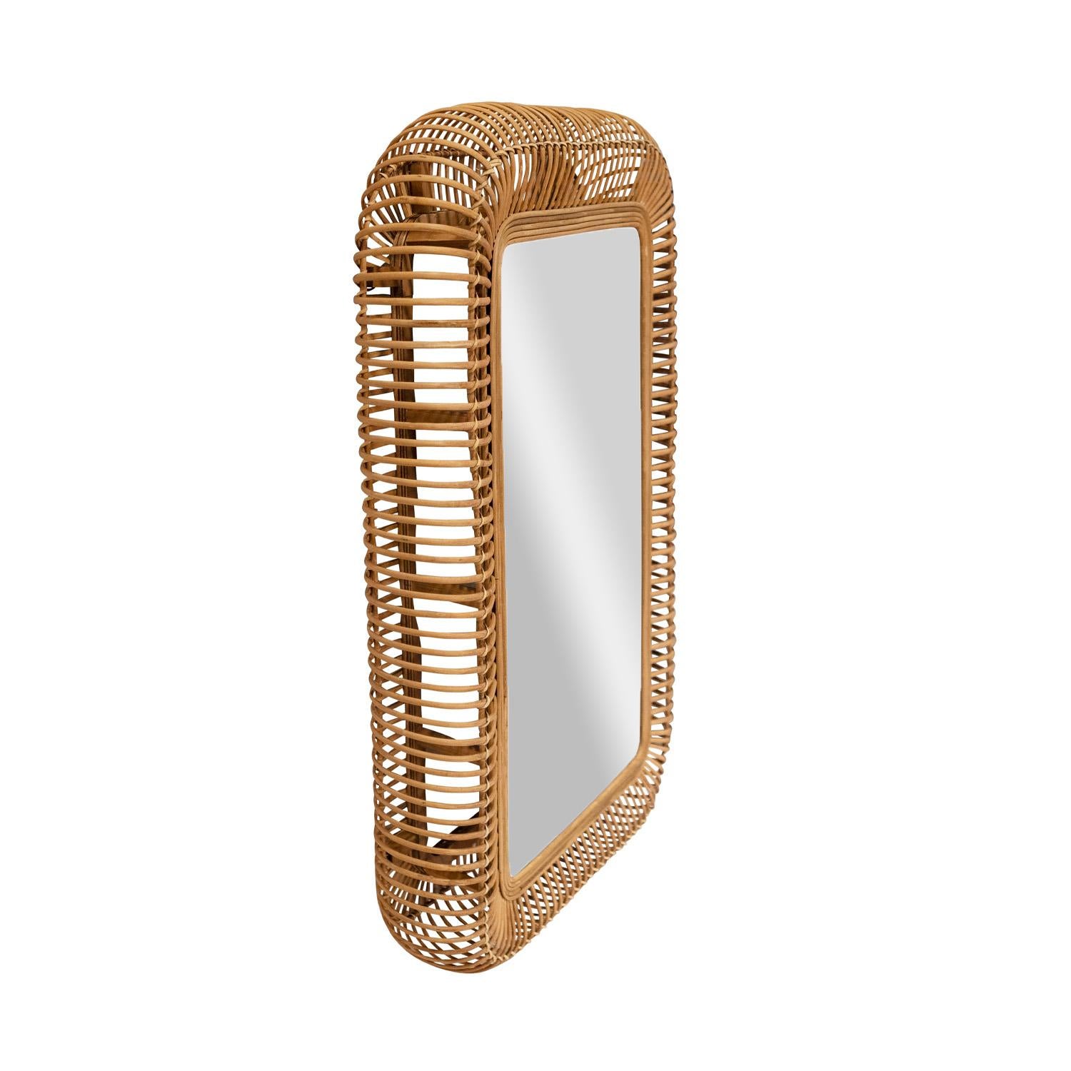 Mid-Century Modern Italian Mirror with Artisan Rattan Loop Frame 1960s