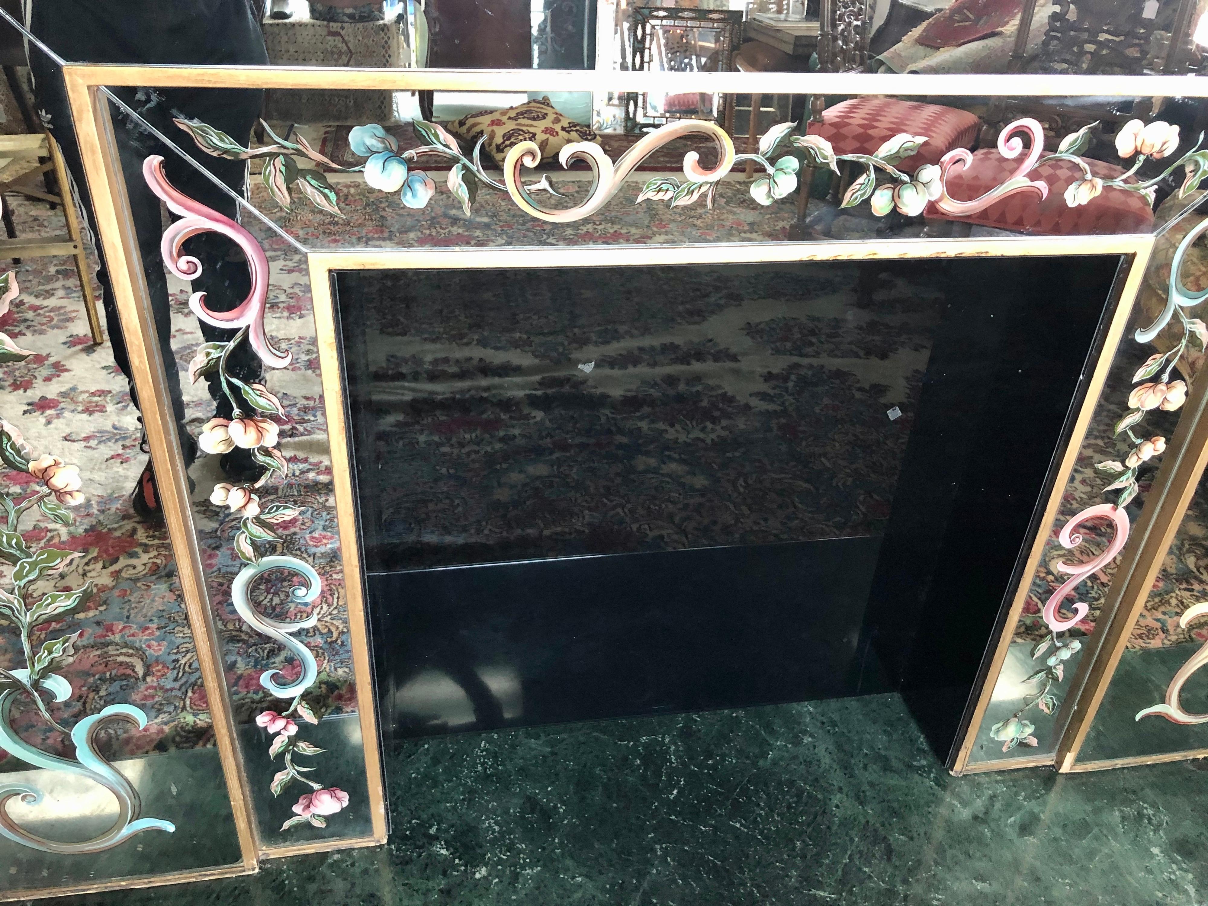 Brass Italian Mirrored Fireplace Mantel with Floral Églomisé Decoration with Mirror