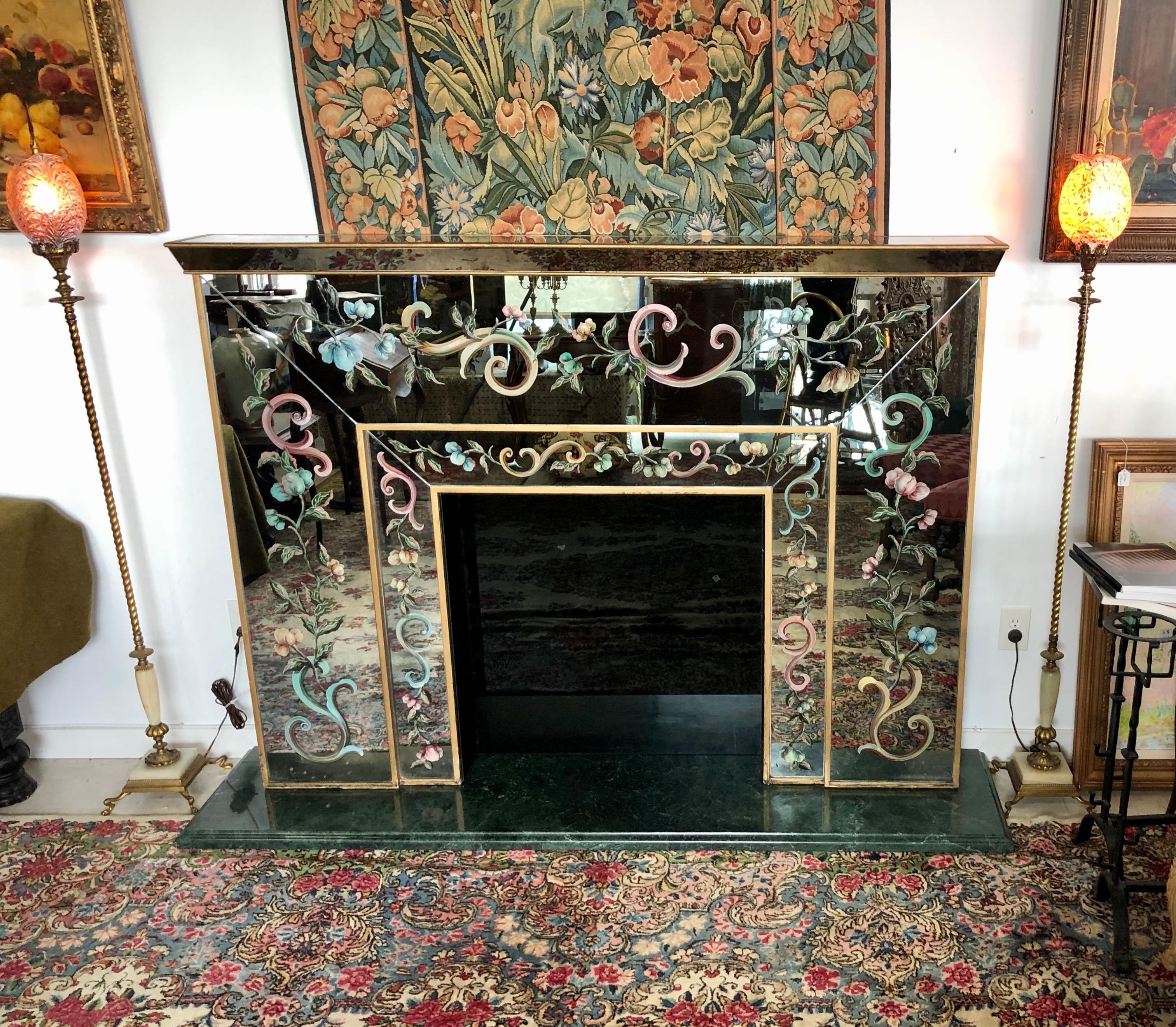 Italian Mirrored Fireplace Mantel with Floral Églomisé Decoration with Mirror 1