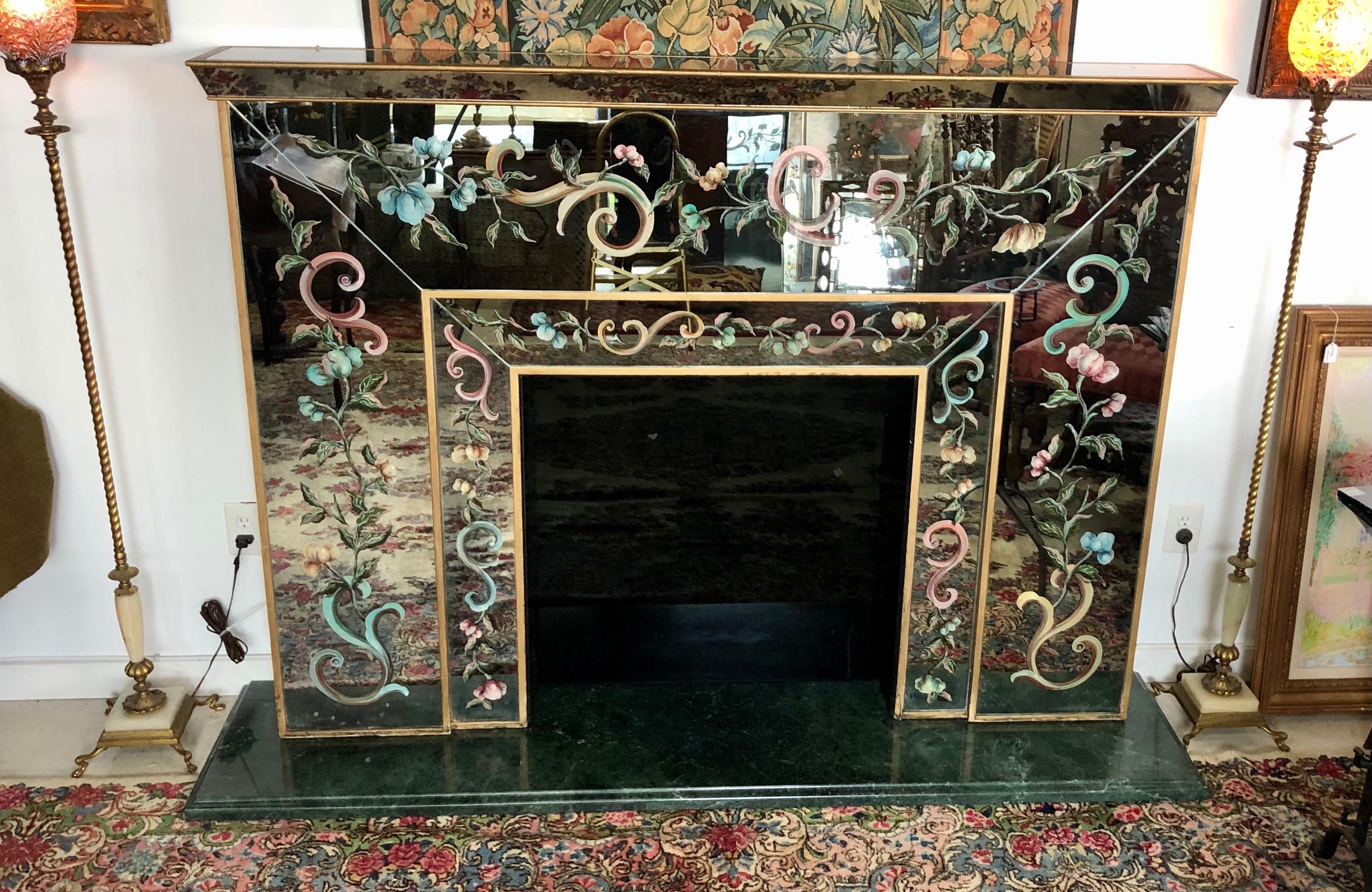 Italian Mirrored Fireplace Mantel with Floral Églomisé Decoration with Mirror 8