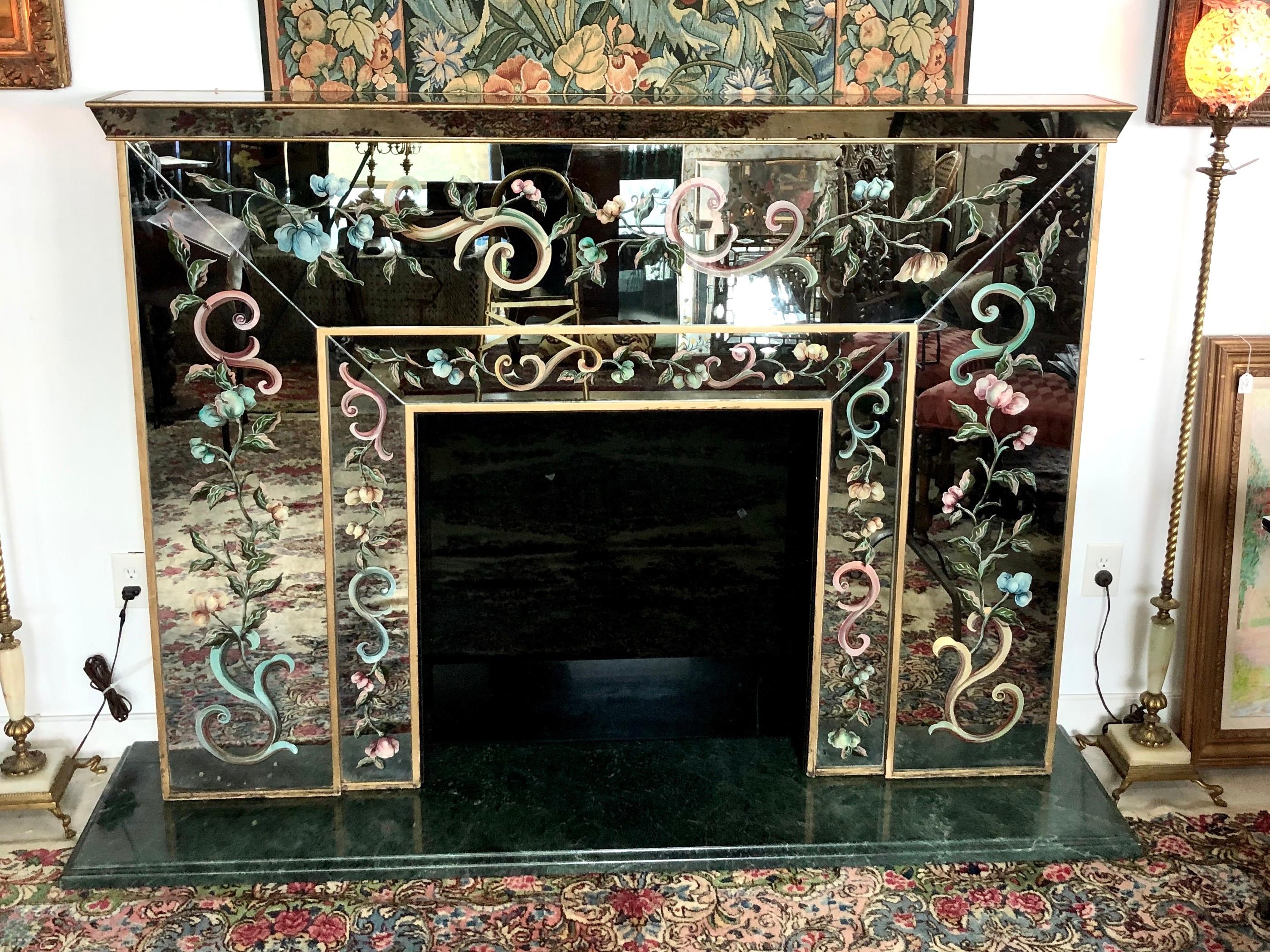 Hollywood Regency Italian Mirrored Fireplace Mantel with Floral Églomisé Decoration with Mirror