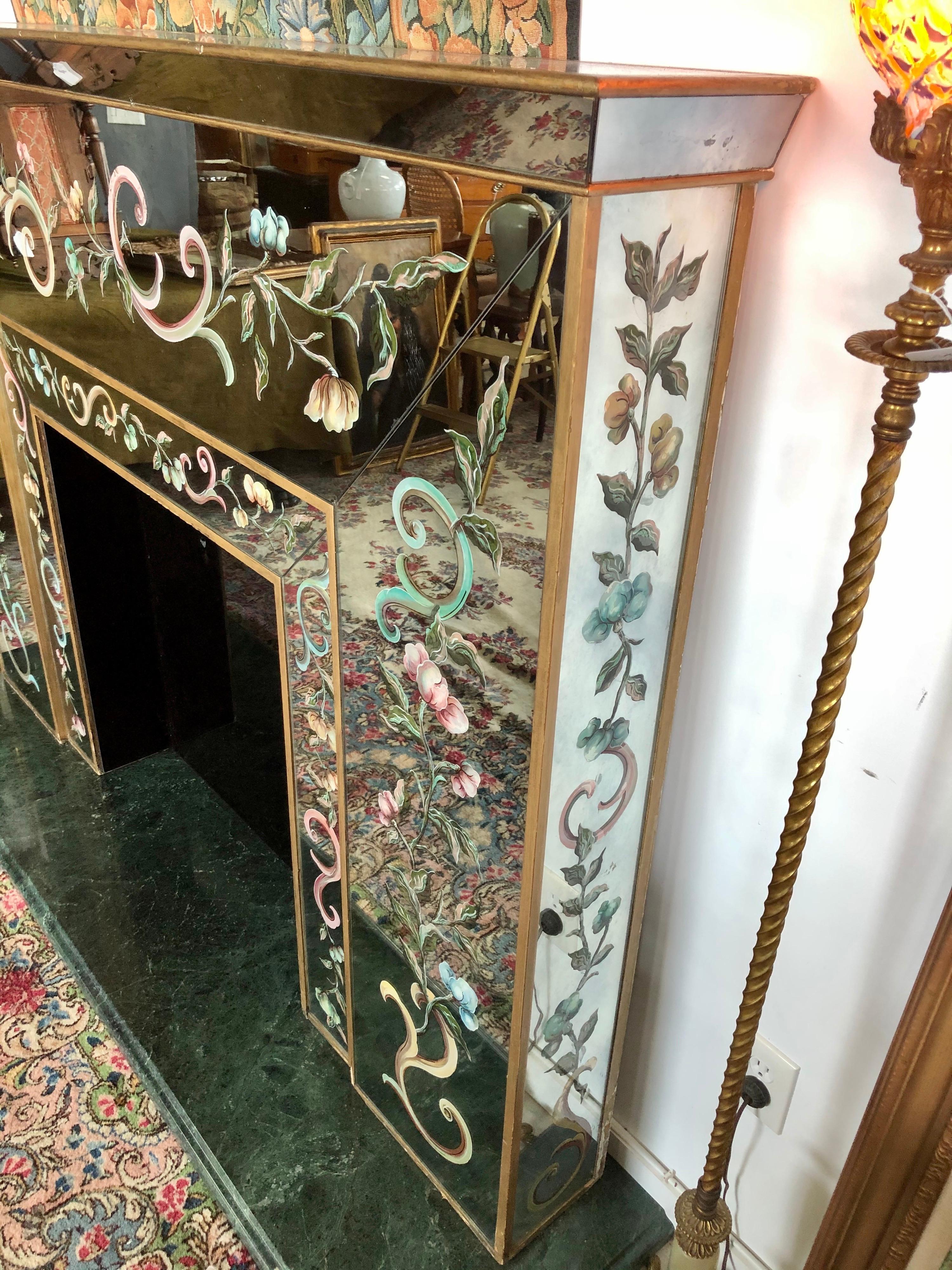 20th Century Italian Mirrored Fireplace Mantel with Floral Églomisé Decoration with Mirror